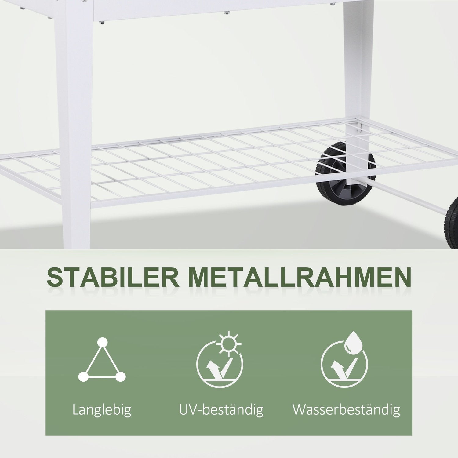 Højseng Mobil plantevogn med opbevaringsplads Planteseng med 2 hjul Metal Hvid 112 X 59 X 80 Cm