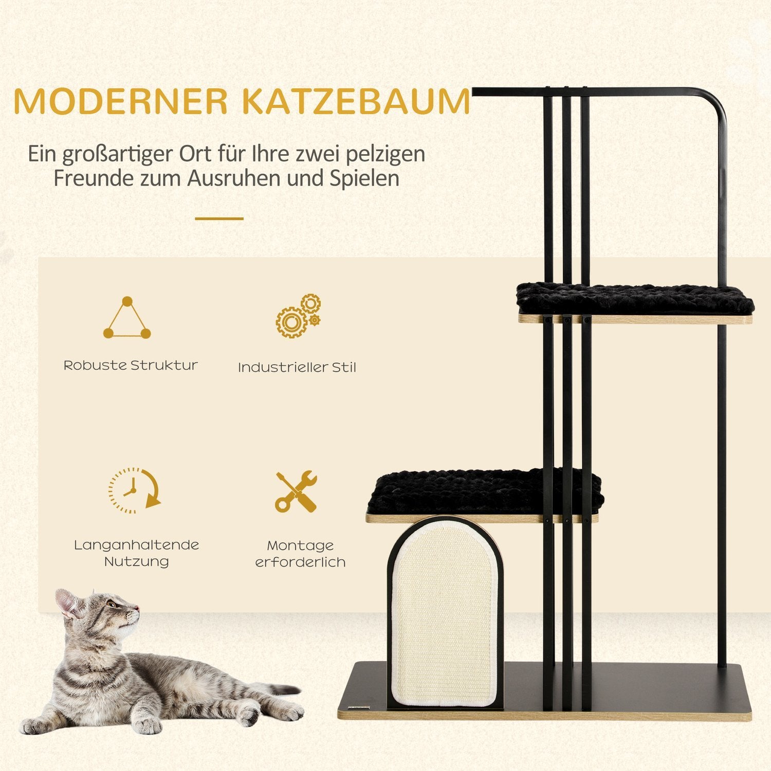 Skrapstolpe 128Cm Högkvalitativt Kattträd Med Kudde, Skrapbräda, 2 Plattformar, Kattmöbler Av Stål I Svart