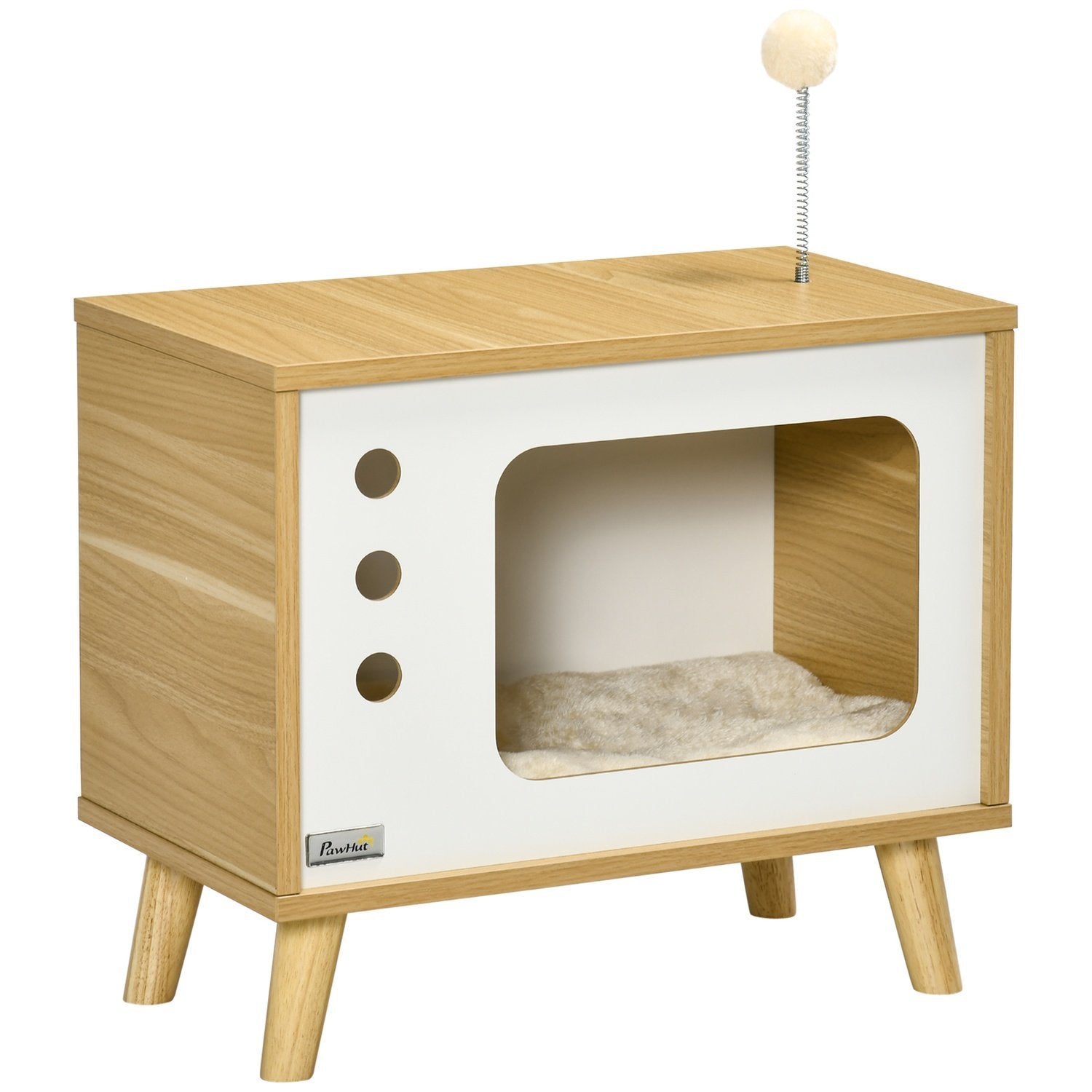 Katthus I Tv-Design, Lekboll & Kudde Ingår, Kattkorg, Ek/Beige/Vit, 50X28X43Cm