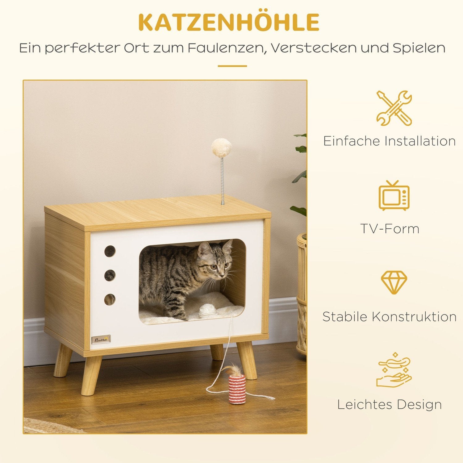 Katthus I Tv-Design, Lekboll & Kudde Ingår, Kattkorg, Ek/Beige/Vit, 50X28X43Cm