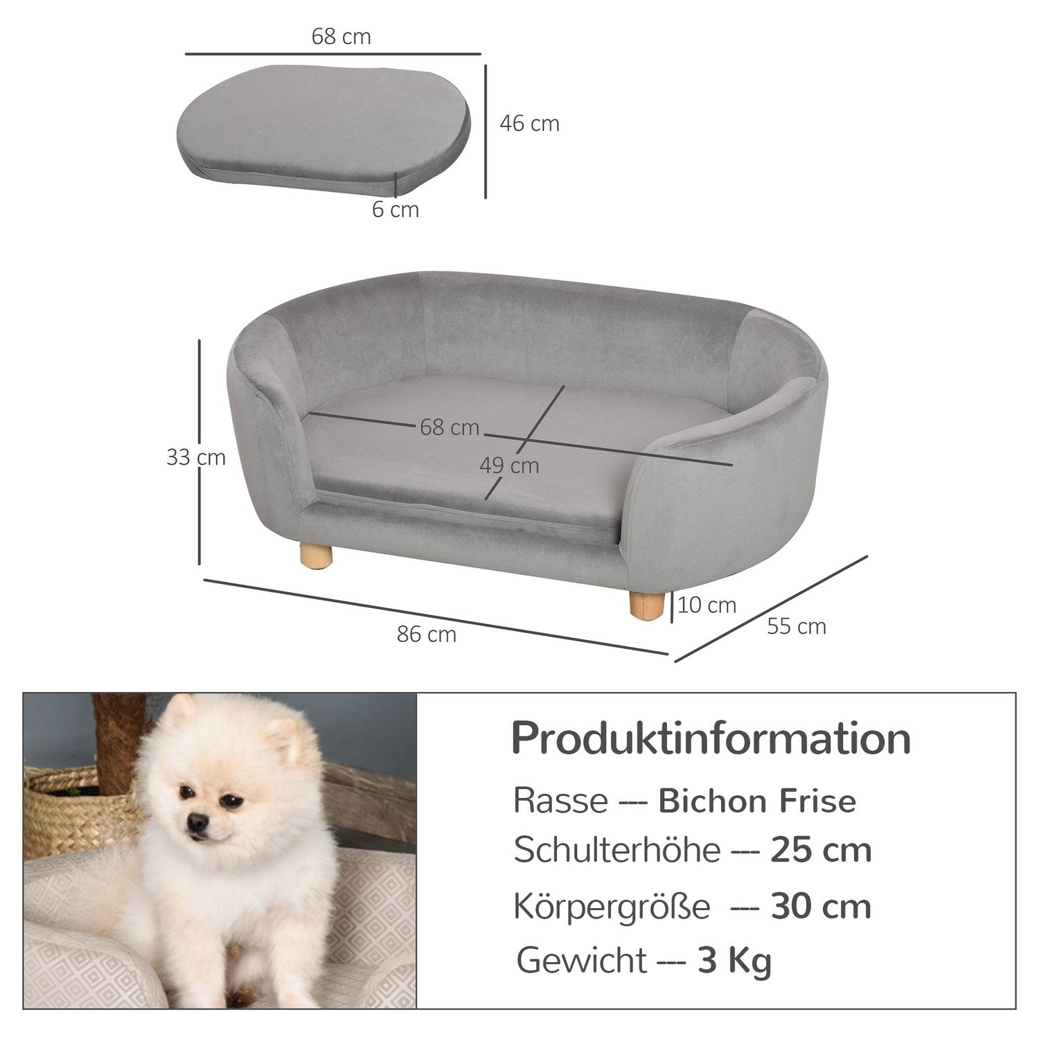 Kæledyrssofa Hundesofa Hundeseng med hollandsk fløjlsskum Birkeben til katte Hunde 86 X 55 X 33 Cm Lysegrå