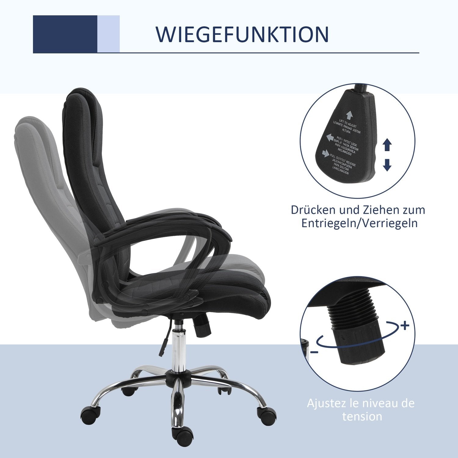 Kontorstol Computerstol Med Tilt Funktion Nakkestøtte Ergonomisk Drejelig Højde Justerbar Linen Touch Sort 62 X 62 X 110-119 Cm