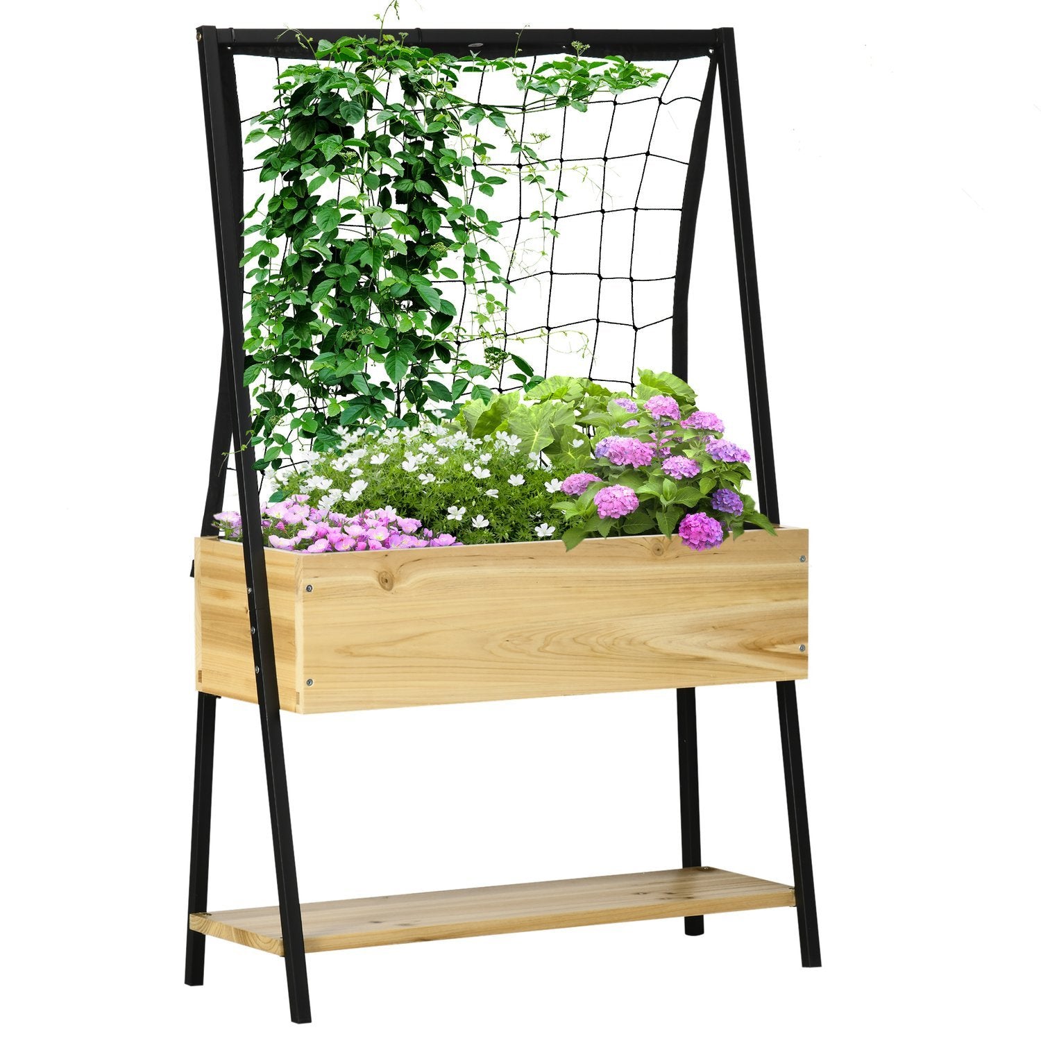 Raised Bed Trellis Plant Box Med Hylla & Fleece Invändigt Foder, Flower Box, Natural, 80X30X128Cm