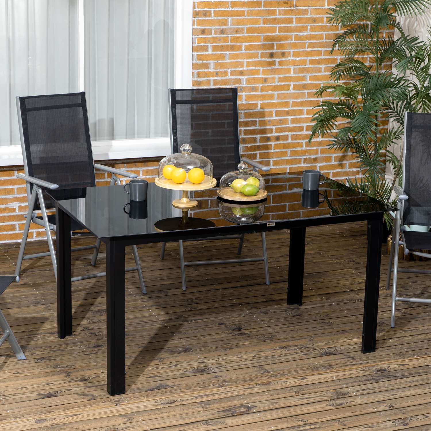 Havebord, Havespisebord til 6 personer, terrassebord med glasbordplade, aluminiums festbord, altanbord, sort, 150 X 90 X 74 Cm