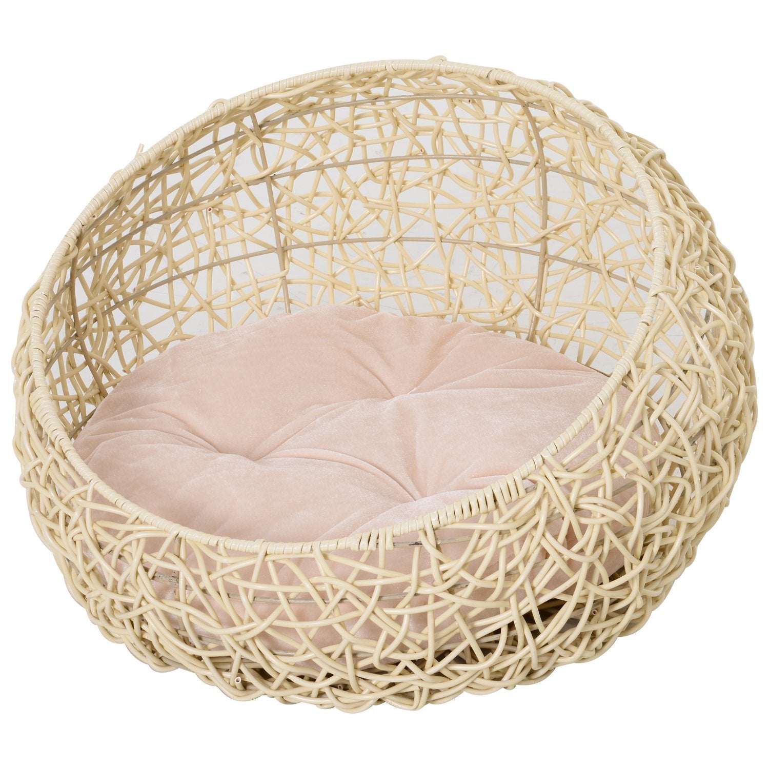 Katteseng lavet af rattan Komfortabel kattehule med pude, kattekurv og hundeseng, beige, Ø56X35Cm