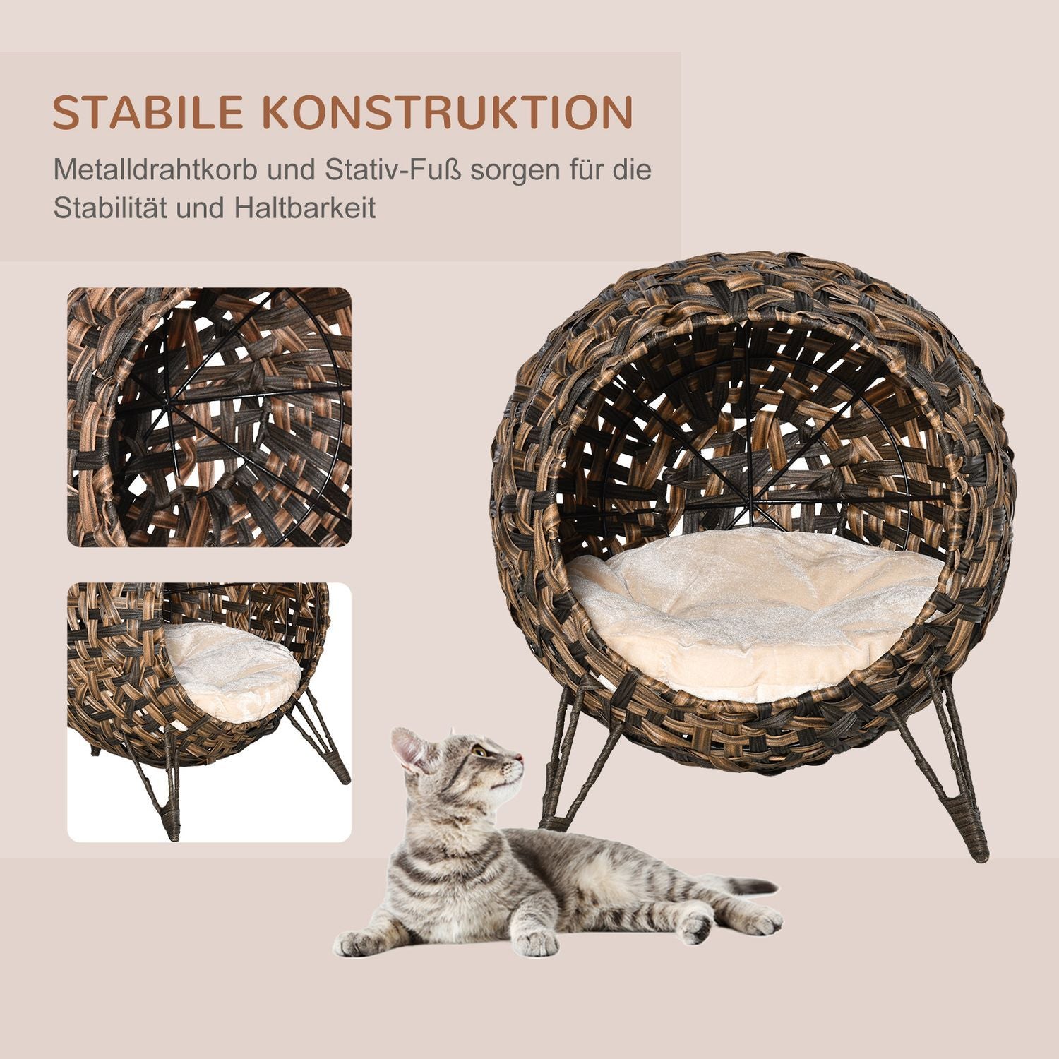 Rattan Katt Sängkudde Upphöjda Fötter Katt Sovplats Brun Ø52X58Cm