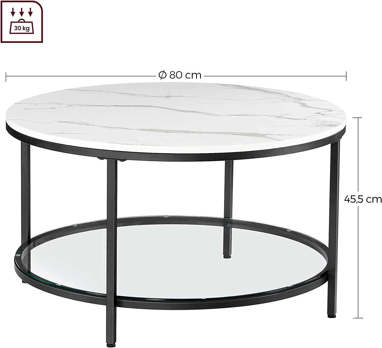 Modernt soffbord i marmor med glashylla och stålben