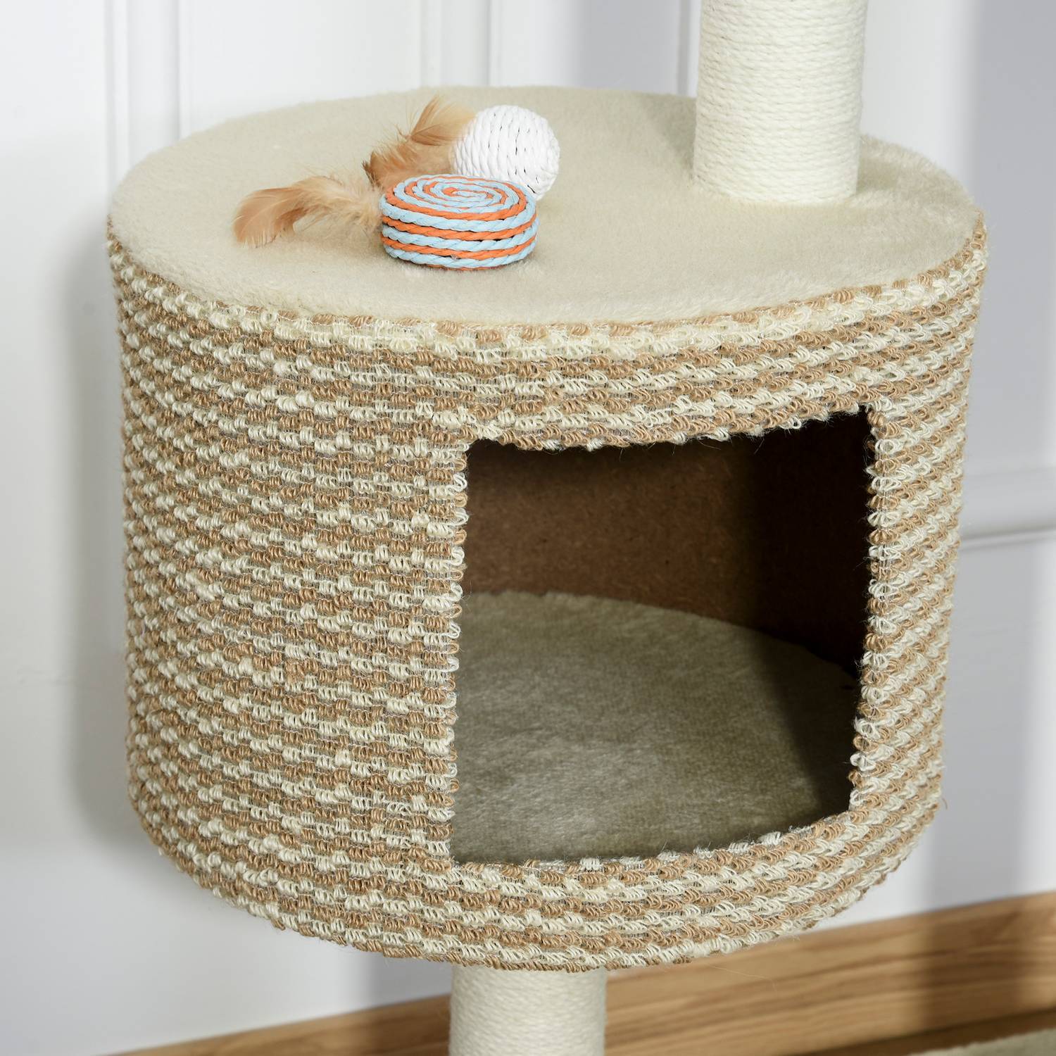 Cat Tree Skrapstolpe Med Visningsplattformar, Beige Och Kaffe, Spånskiva, Plysch, Jute, 61X41X96Cm