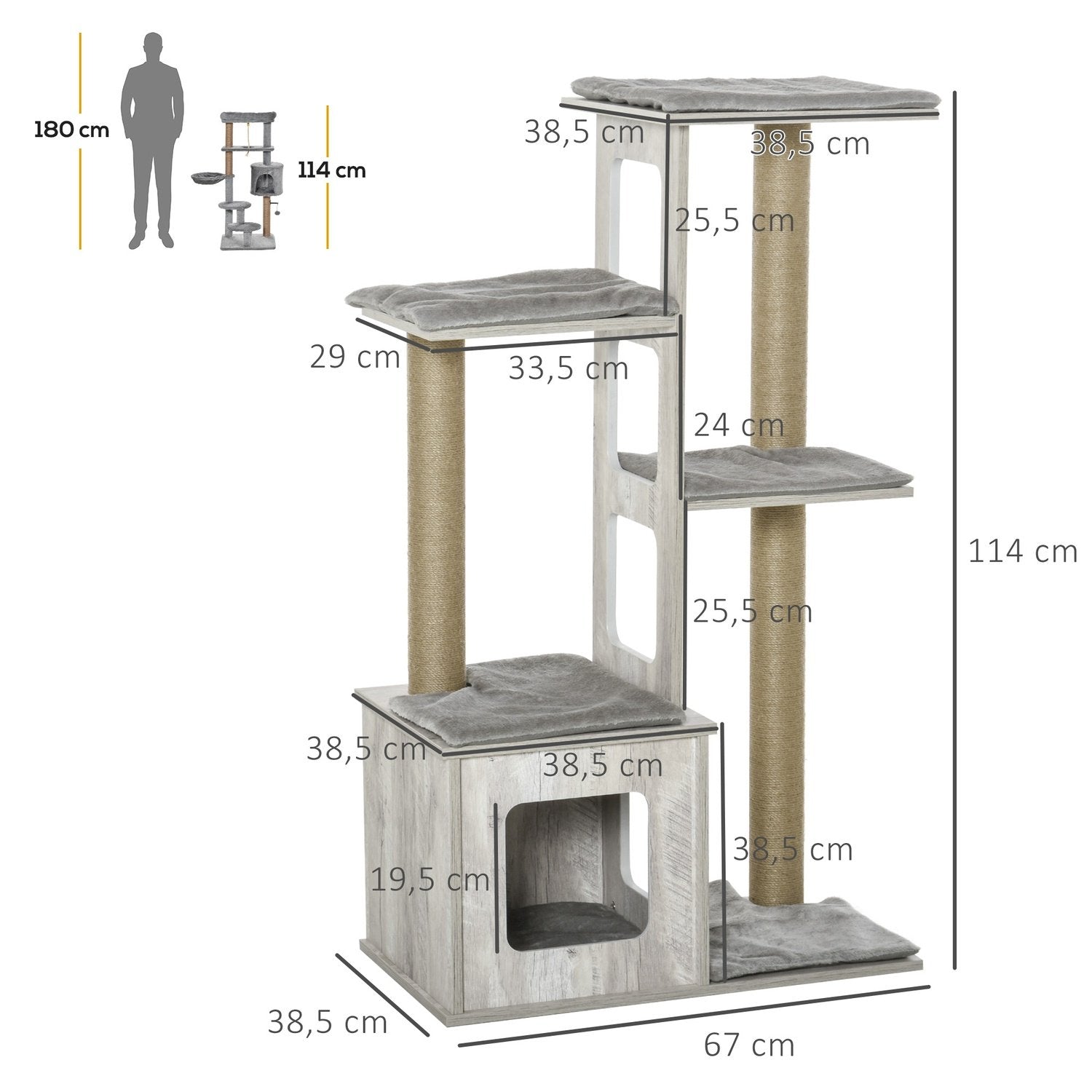 Kattetræ Flerlags kradsestolpe Kattemøbler Aktivitetscenter Jute Plys Grå 67X38,5X114Cm