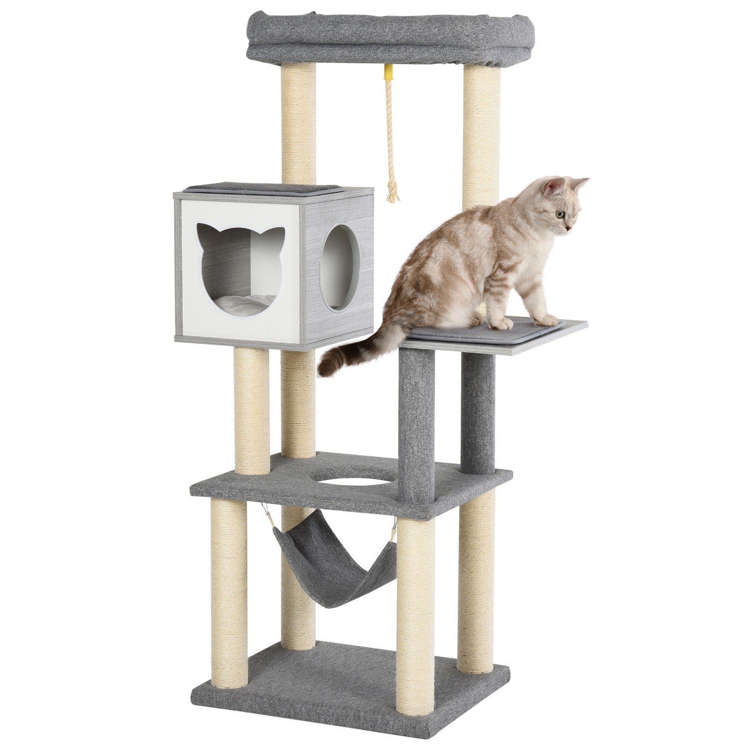 Multi-Tier Cat-kradsestolpe klatretræ, Multi-Activity Center, hængekøje, blød pude, E1, 59X48X155Cm