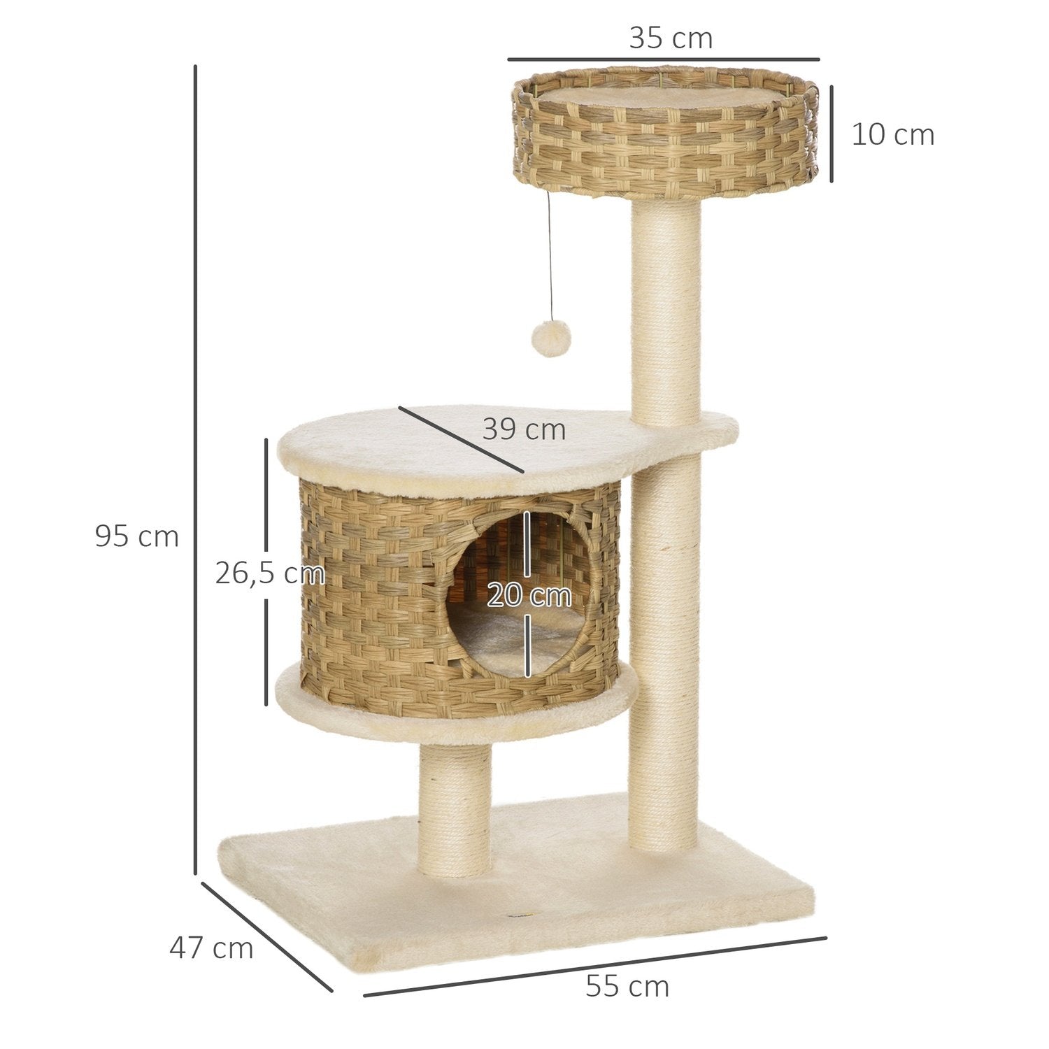 Kradsestolpe rod kattetræ, klatretræ med kattehule og sisalstolper, legebolde, 95 cm, naturlig sisal+beige