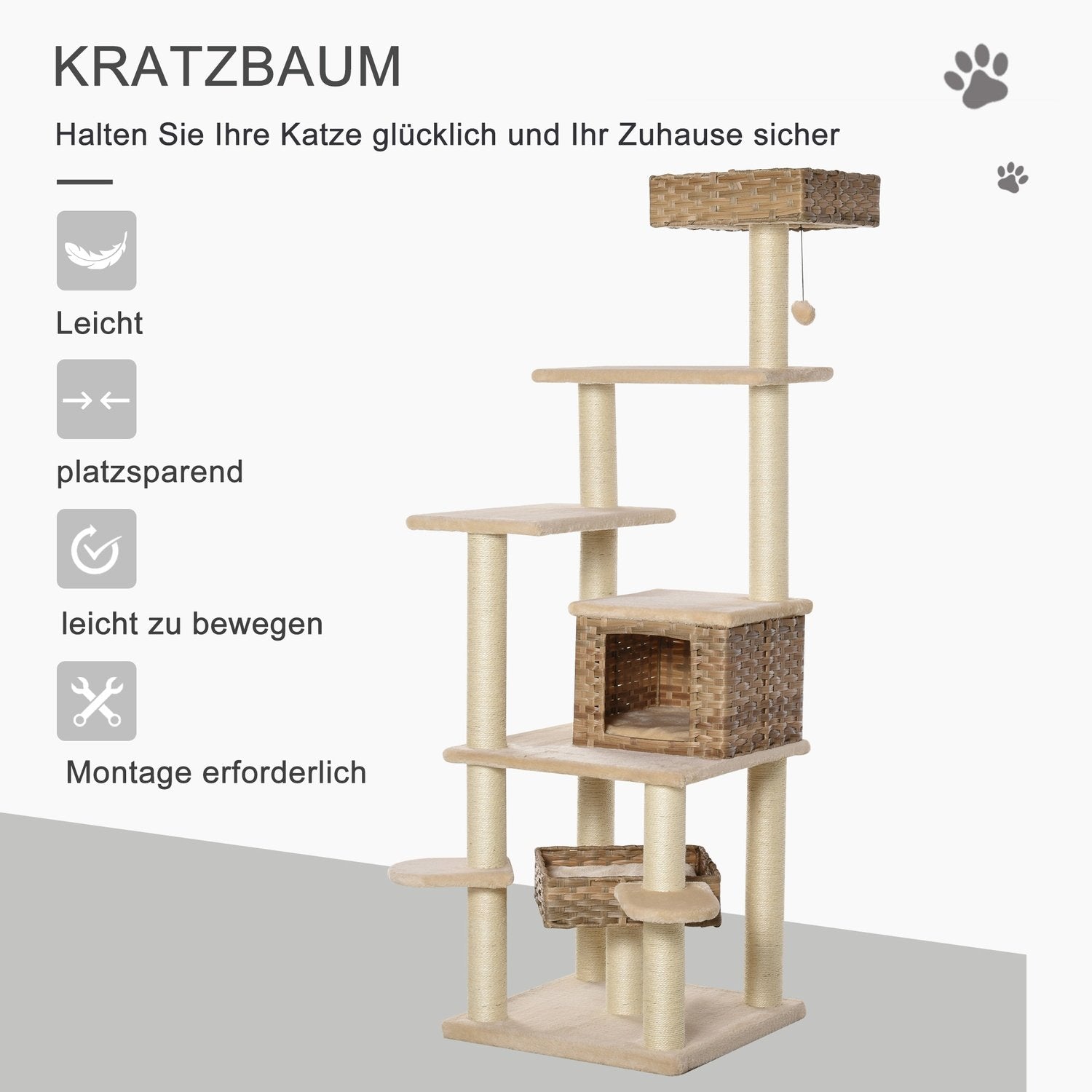 Rattan Skrapstolpe Klätterträd Katt Med Cat Cave Multi-Leer Cat Tree E1 Mdf Sisal Beige+Brun 55 X 55 X 174 Cm