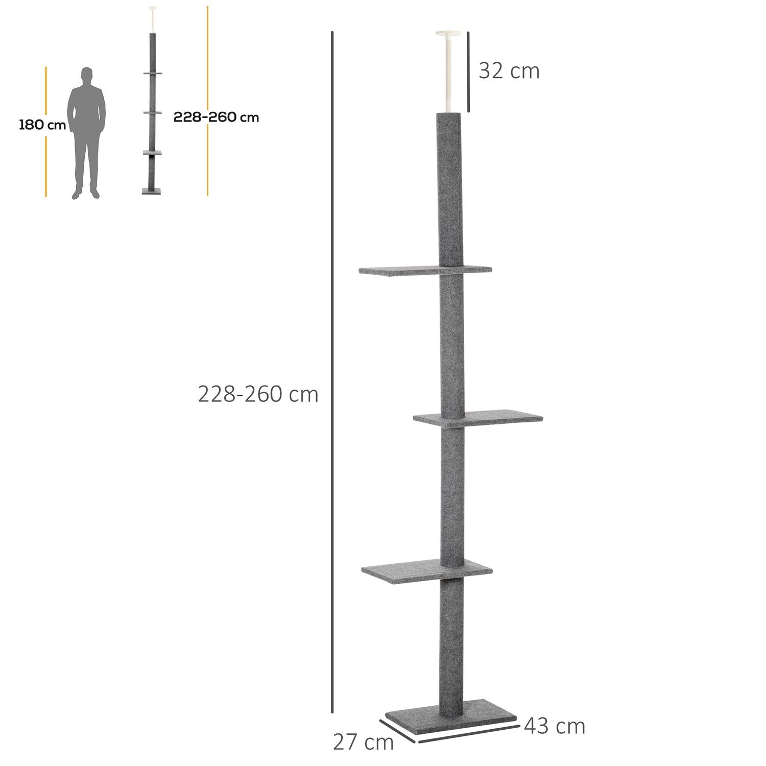 Höjdjusterbar Klätterträd För Katter, Lekträd, Grå, 43X27X228-260Cm