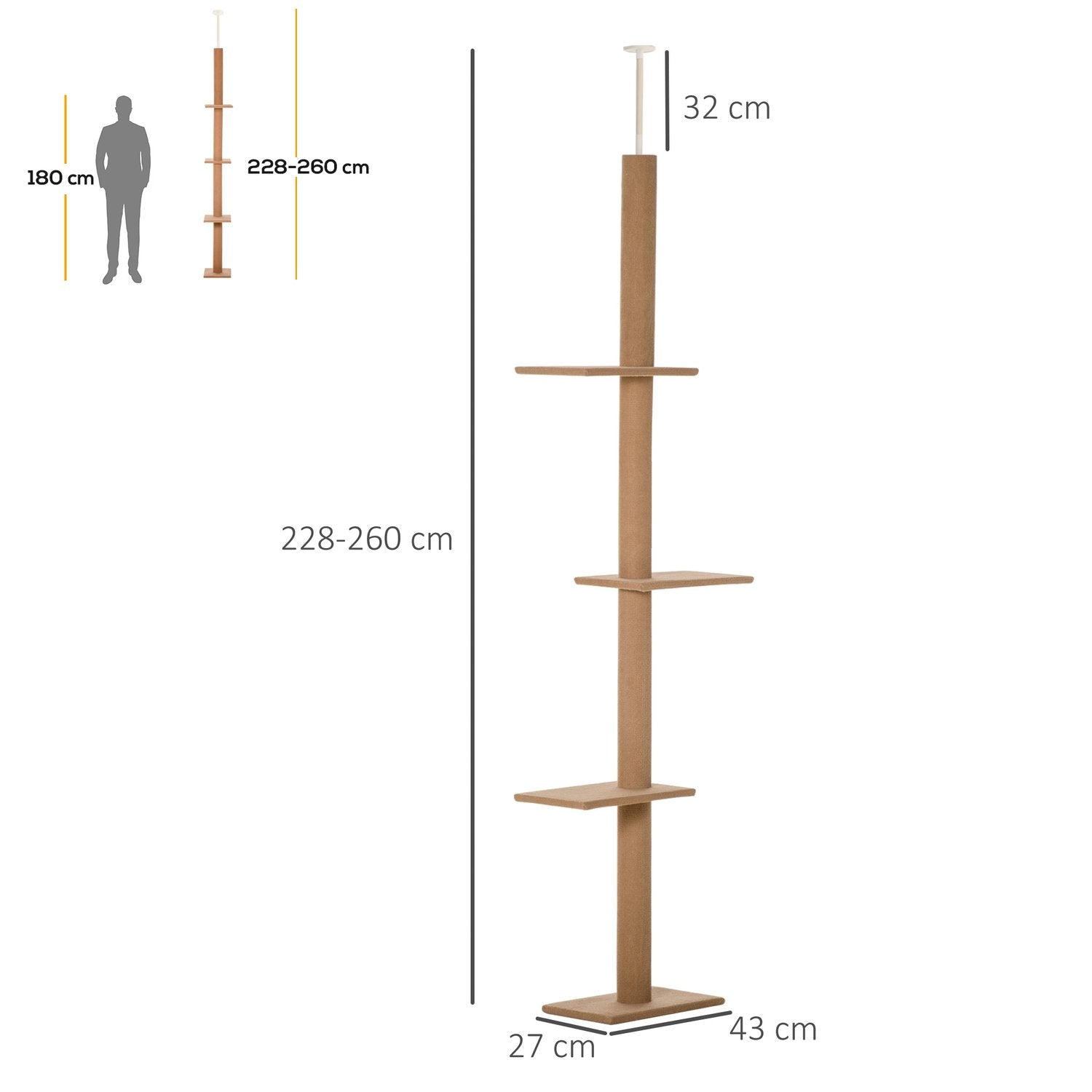 Höjdjusterbar Klätterstolpe Klätterträd För Katter, Lekträd, Ljusbrun, 43X27X228-260Cm