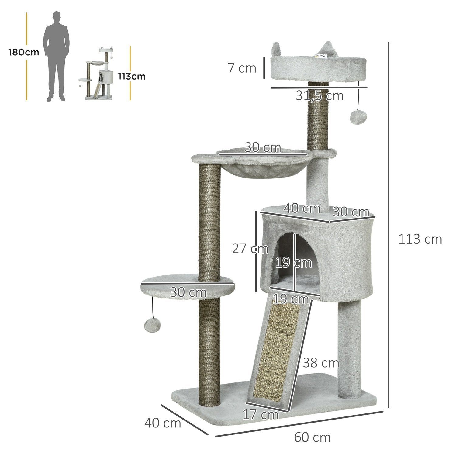 Cat Scratching Post Med Cat Cave & Sisal Column, Lekträd Med Ramp, Kattleksak, Ljusgrå, 113 Cm