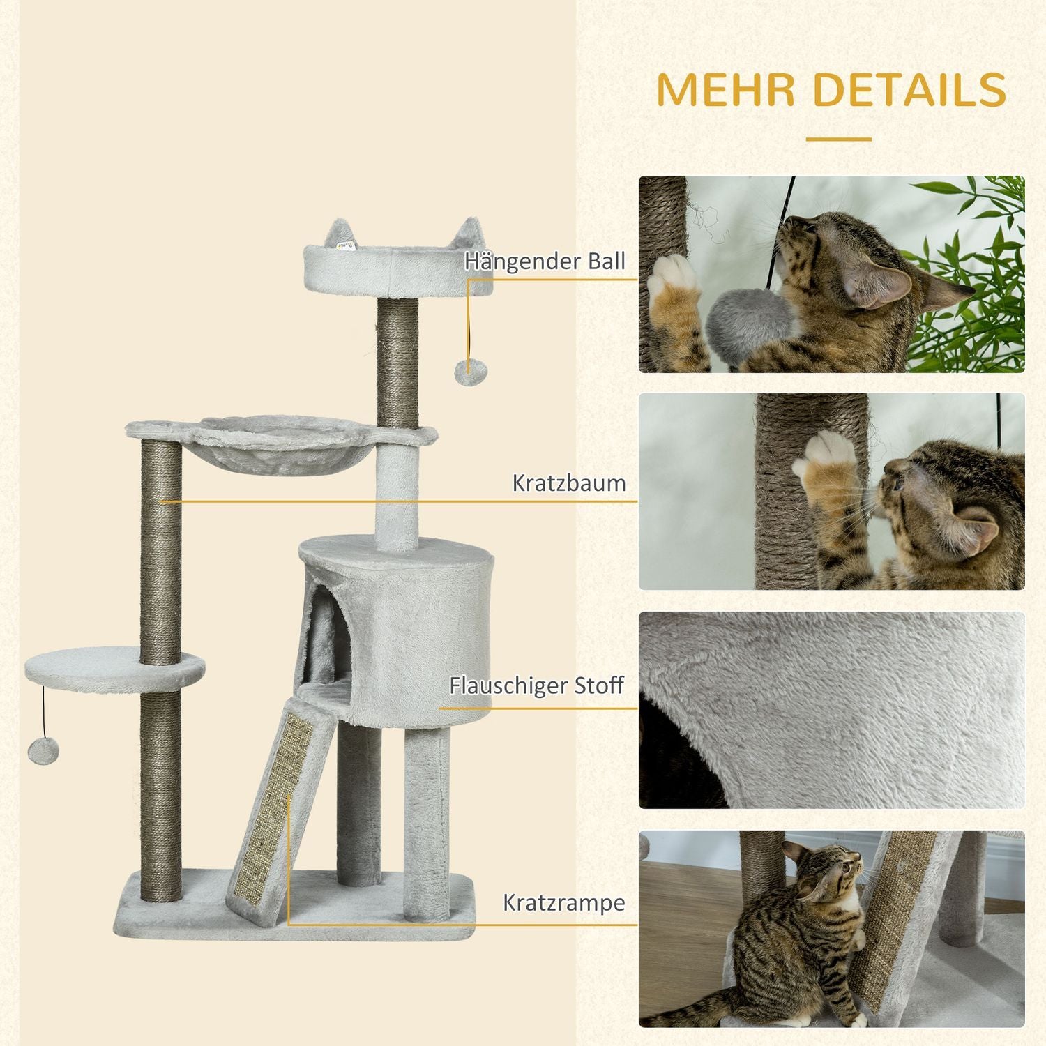 Cat Scratching Post Med Cat Cave & Sisal Column, Lekträd Med Ramp, Kattleksak, Ljusgrå, 113 Cm