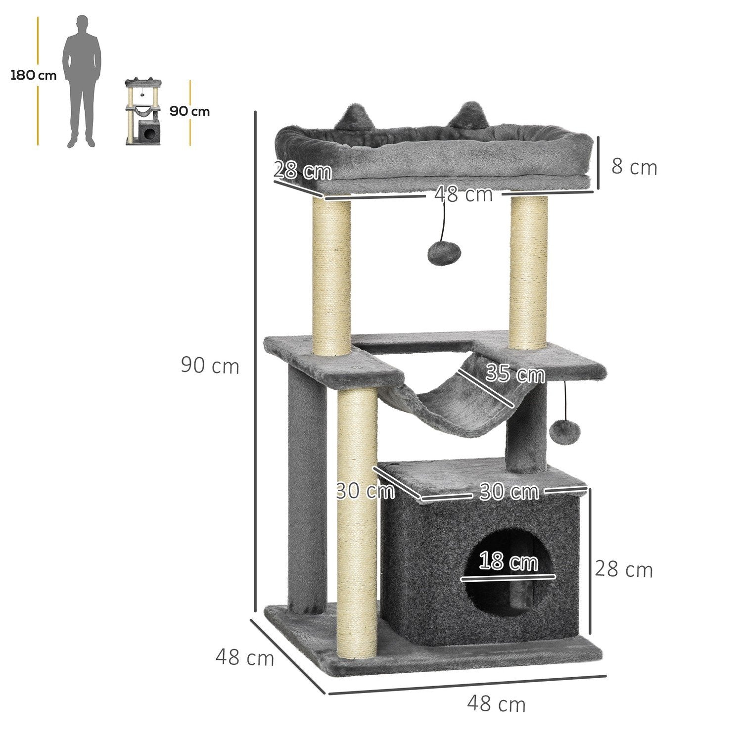 90 cm ridsestolpe hængekøje Legetræ Kat Cave Platforms Klatretræ Plys Sisal Grey