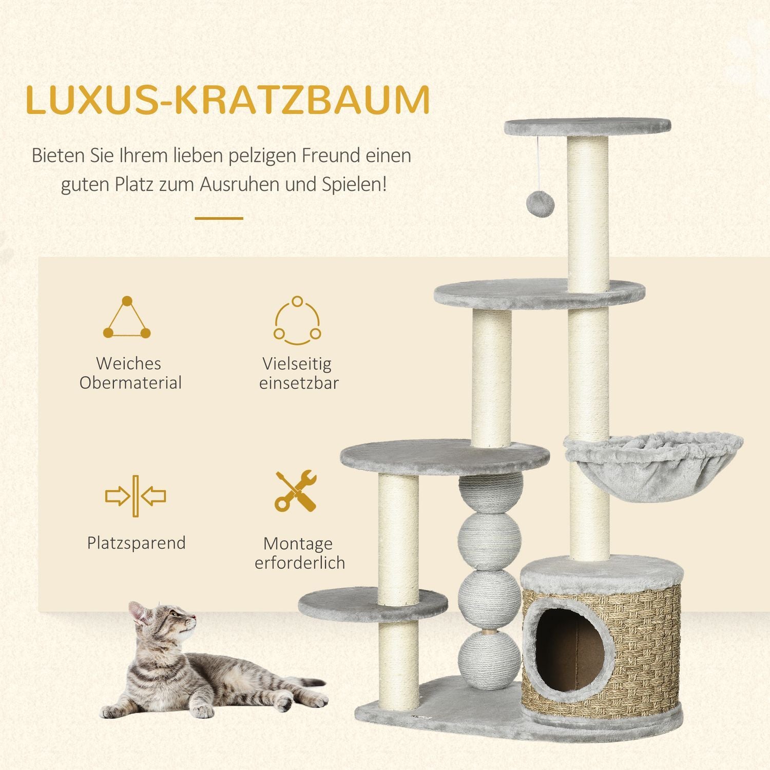 Skrapstolpe 115,5 Cm Kattträd Med Kattgrotta & Hängmatta, Jutestolpar, Ljusgrå