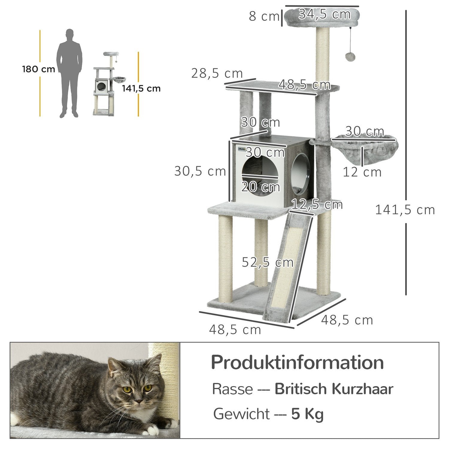 Kradsestolpe 141,5 cm Kattetræ med kattehule, legebold, hængekøje, 2 platforme, sisal