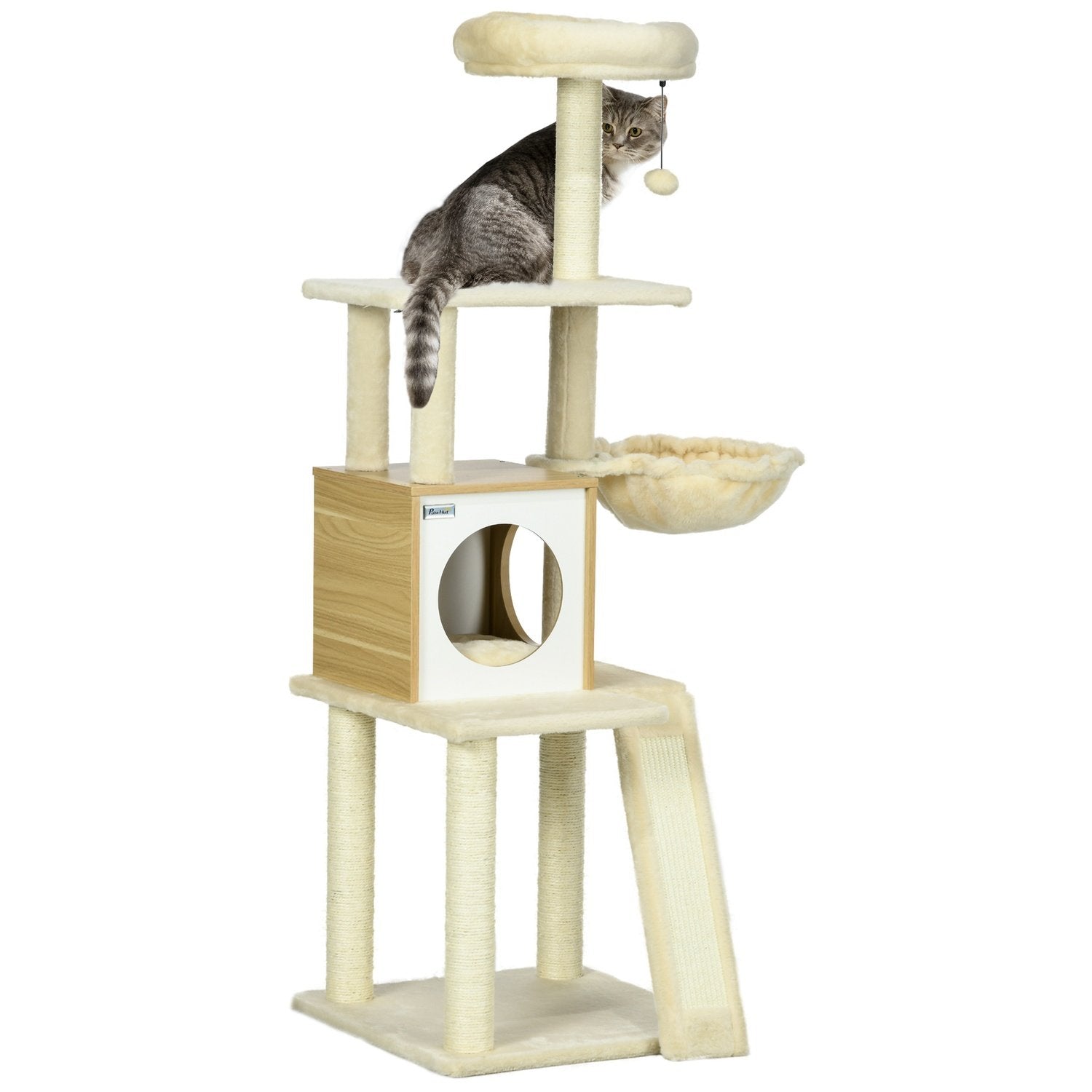 Skrapstolpe Med Cat Cave Play Ball, Hängande Säng, 2 Plattformar, Sisal, Beige