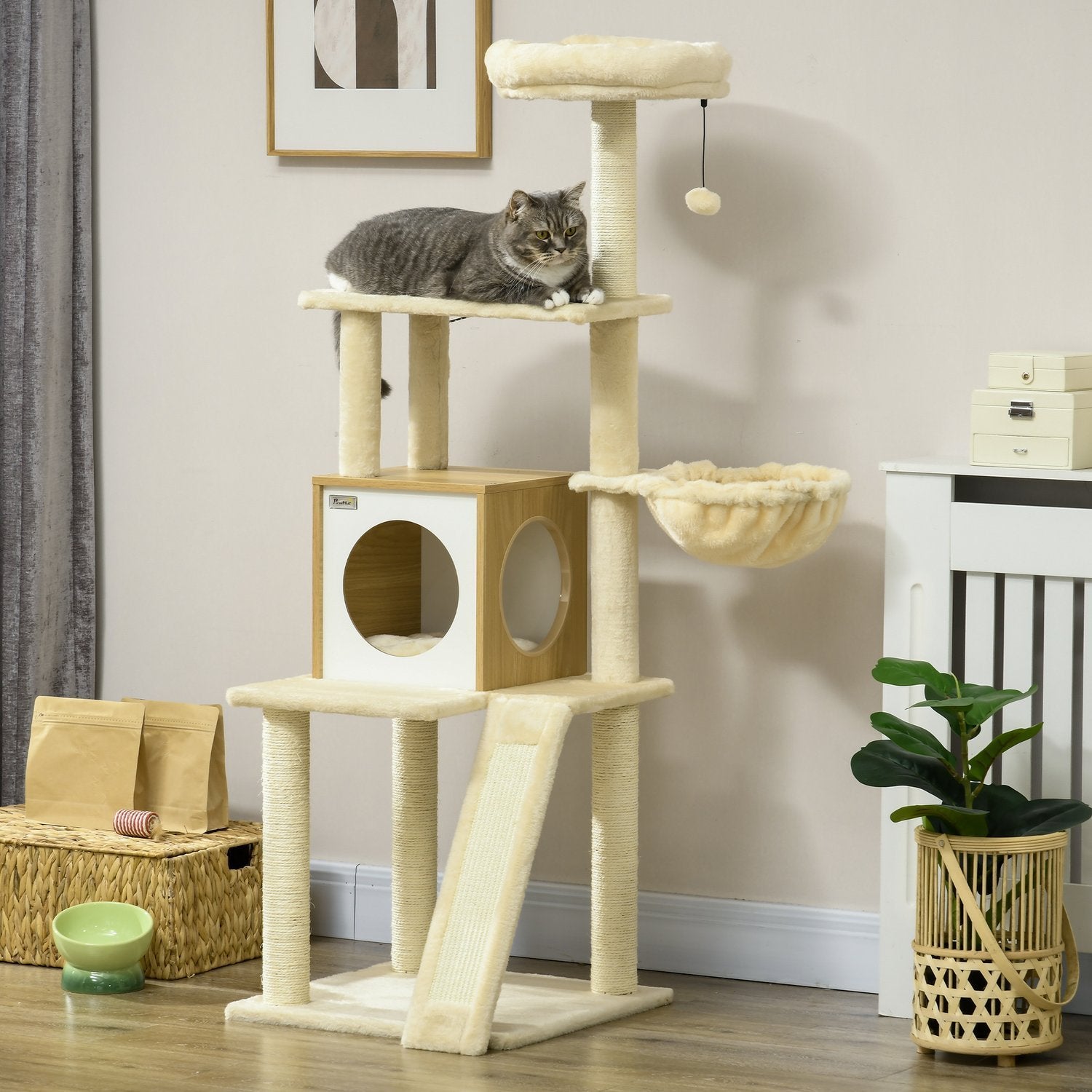 Skrapstolpe Med Cat Cave Play Ball, Hängande Säng, 2 Plattformar, Sisal, Beige