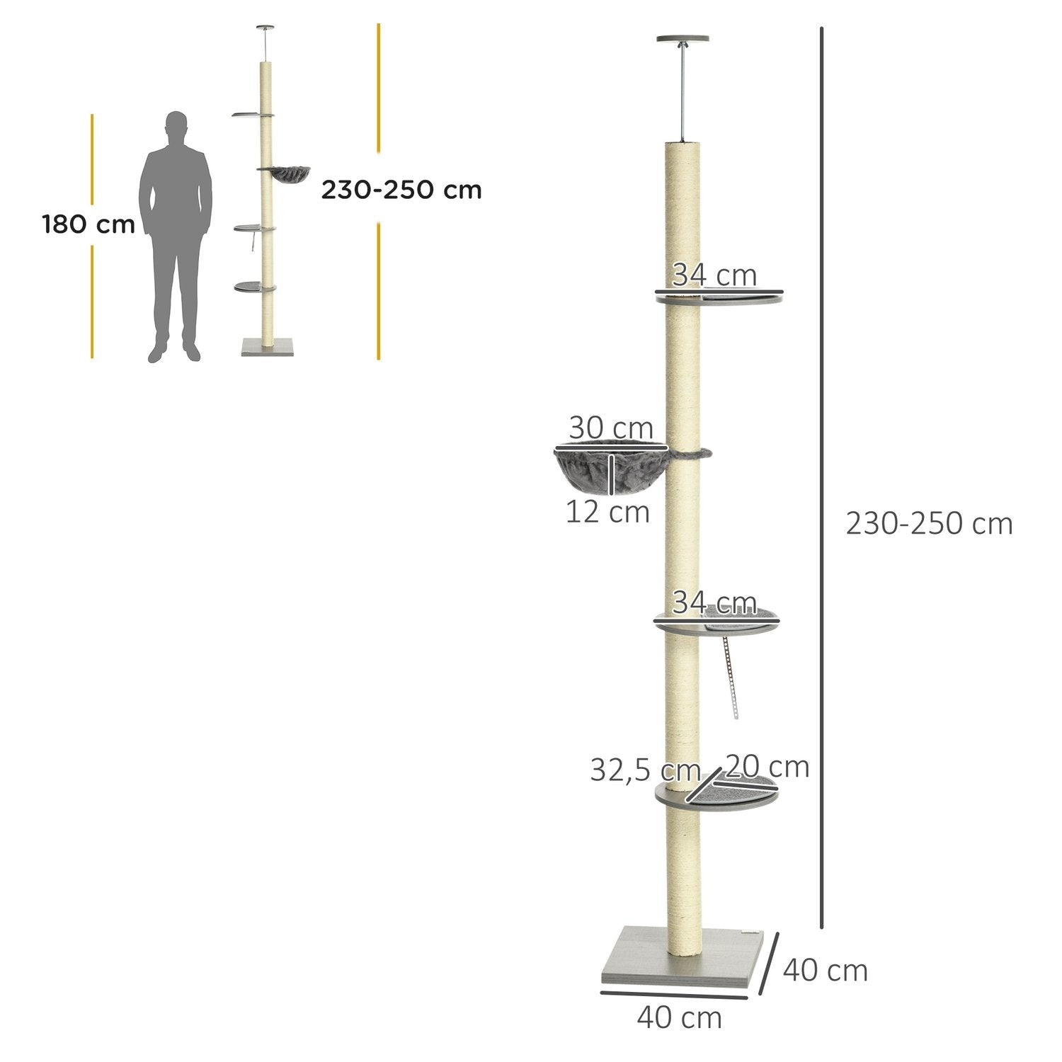 Kattekradsestolpe loftshøjde 230-250 cm, med hængekøje, hævet og sænkbar, grå + cremehvid