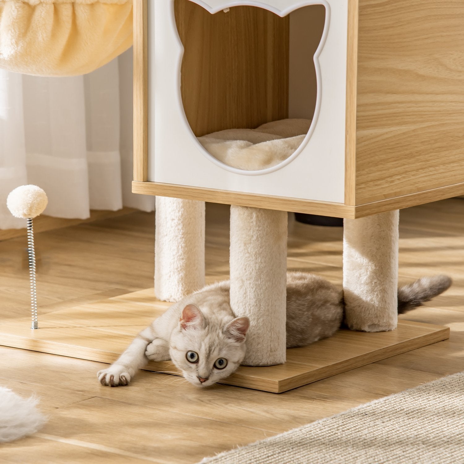 Beige Katt Träd Katt Grottplattform Träspånskiva Sisal 126Cm Höjd