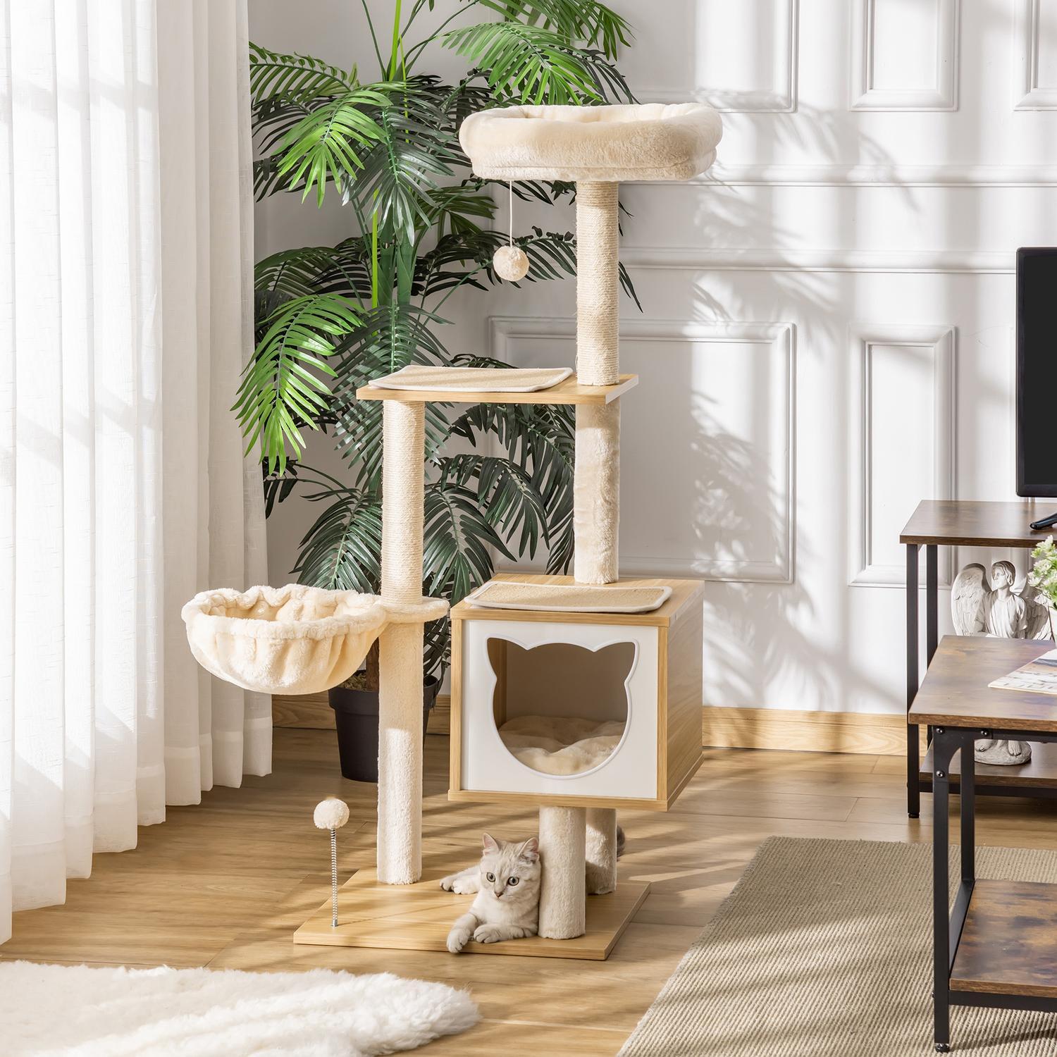 Beige Katt Träd Katt Grottplattform Träspånskiva Sisal 126Cm Höjd