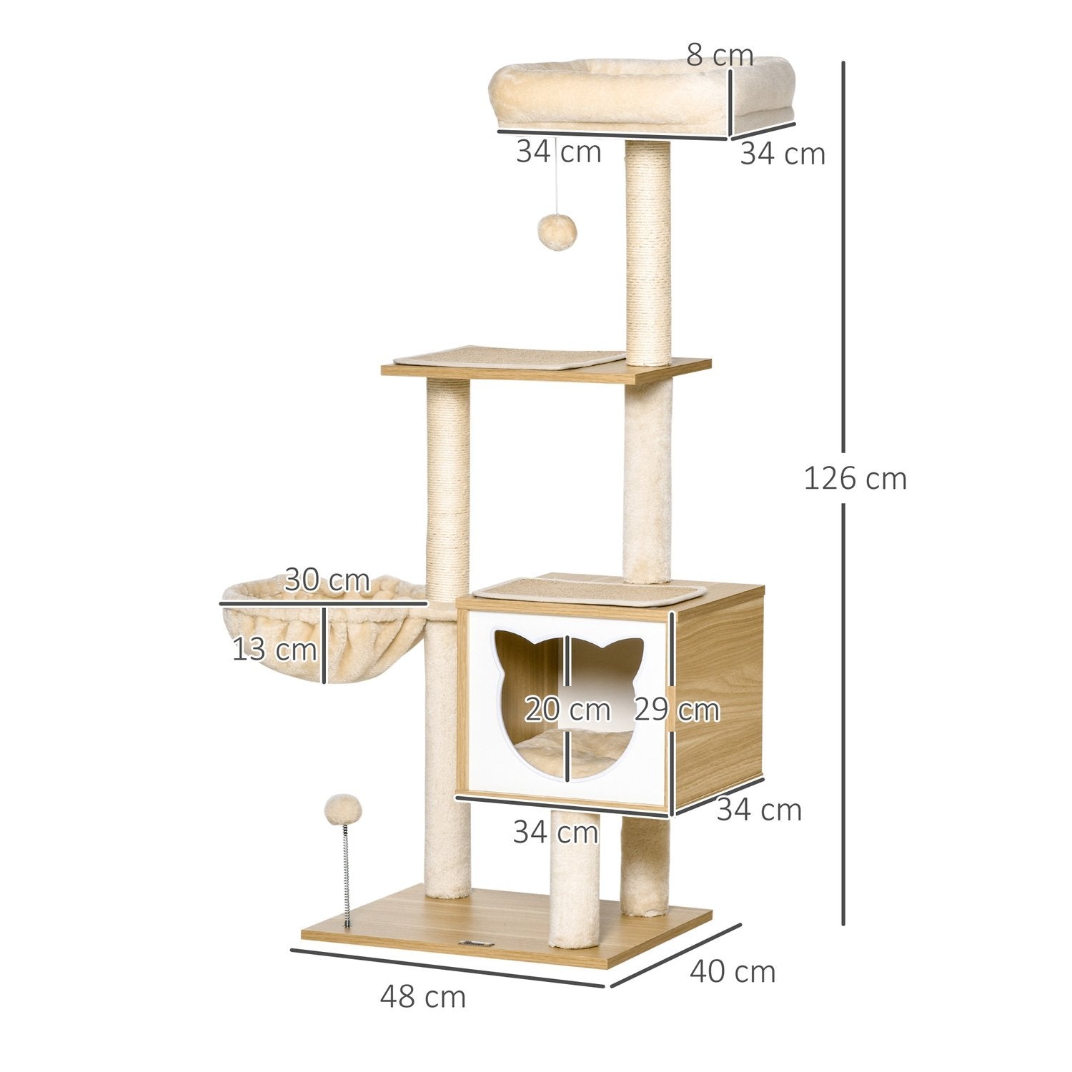 Beige Katt Träd Katt Grottplattform Träspånskiva Sisal 126Cm Höjd