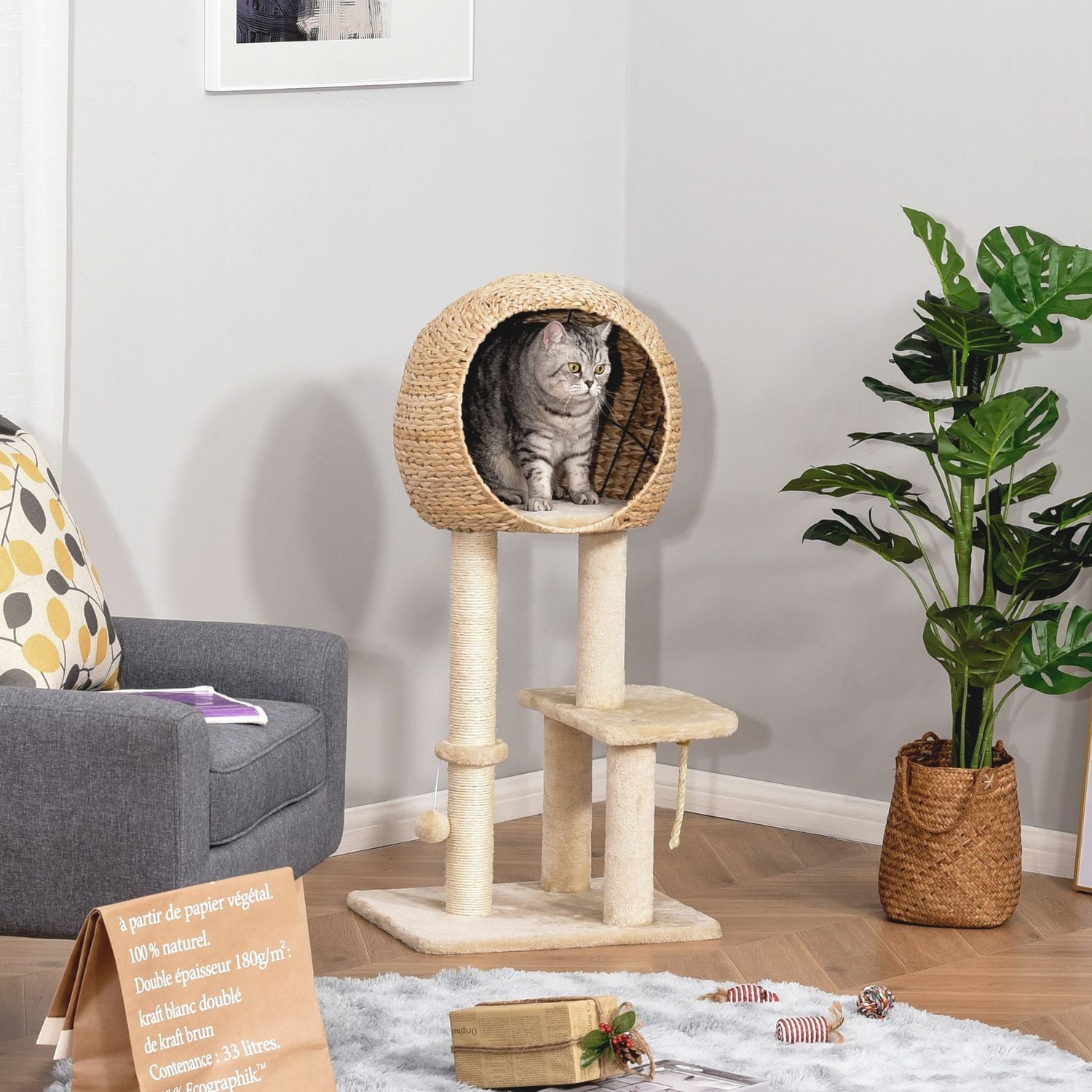 Cat Tree Skrapstolpe Kattungemöbler Med Cat Cave Ball Leksak Sisal Mjuk Plysch Beige Höjd 100Cm