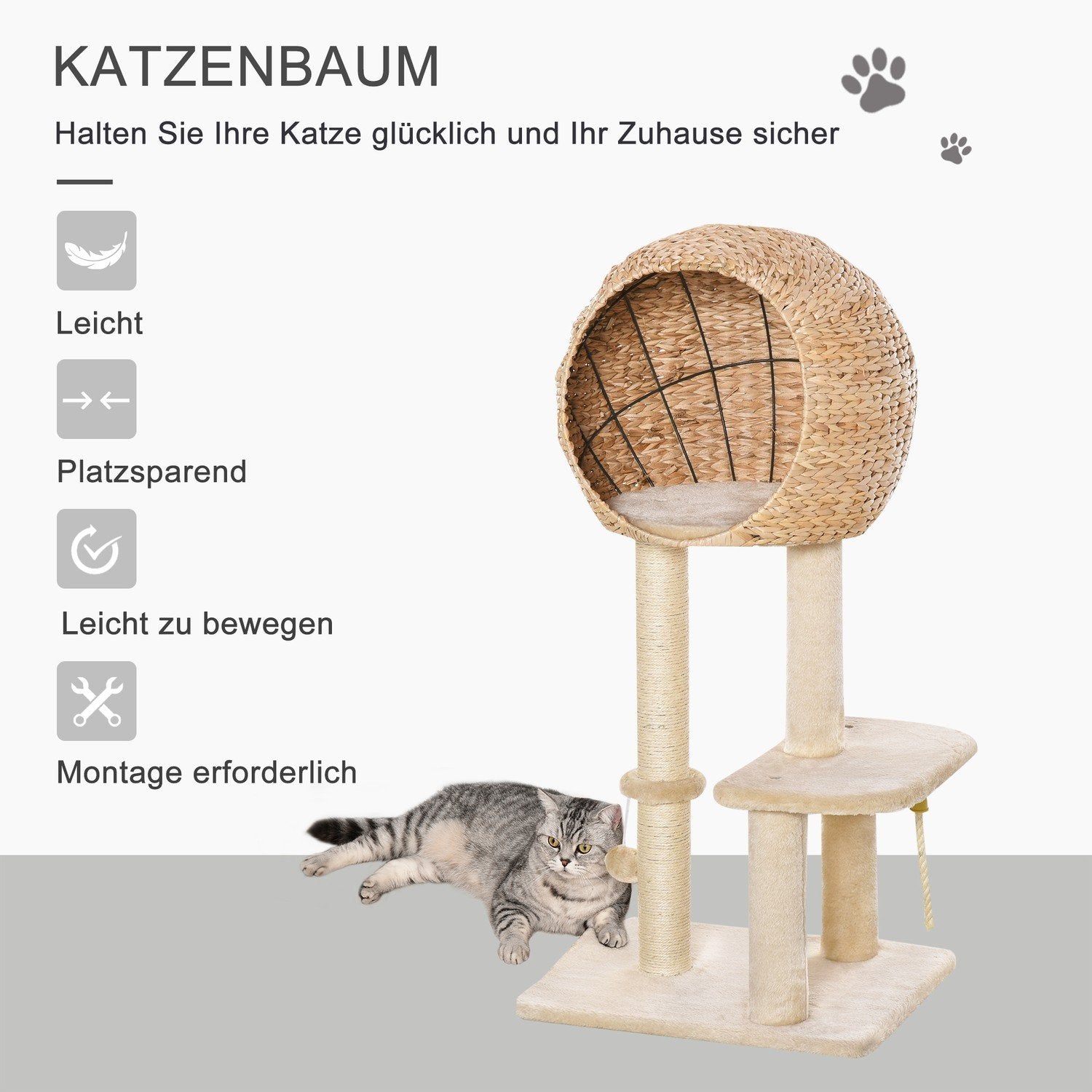 Cat Tree Skrapstolpe Kattungemöbler Med Cat Cave Ball Leksak Sisal Mjuk Plysch Beige Höjd 100Cm