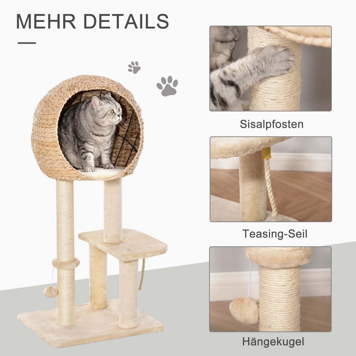 Cat Tree Skrapstolpe Kattungemöbler Med Cat Cave Ball Leksak Sisal Mjuk Plysch Beige Höjd 100Cm