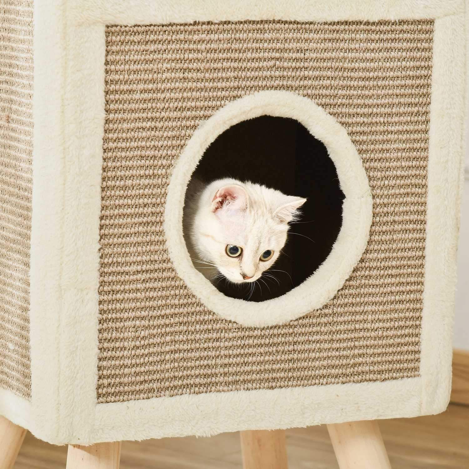 Flervånings Cat Cave Skrapbräda Lekbollar Katt Säng Skrapmatta Spånskiva Plysch Sisal Kaffe