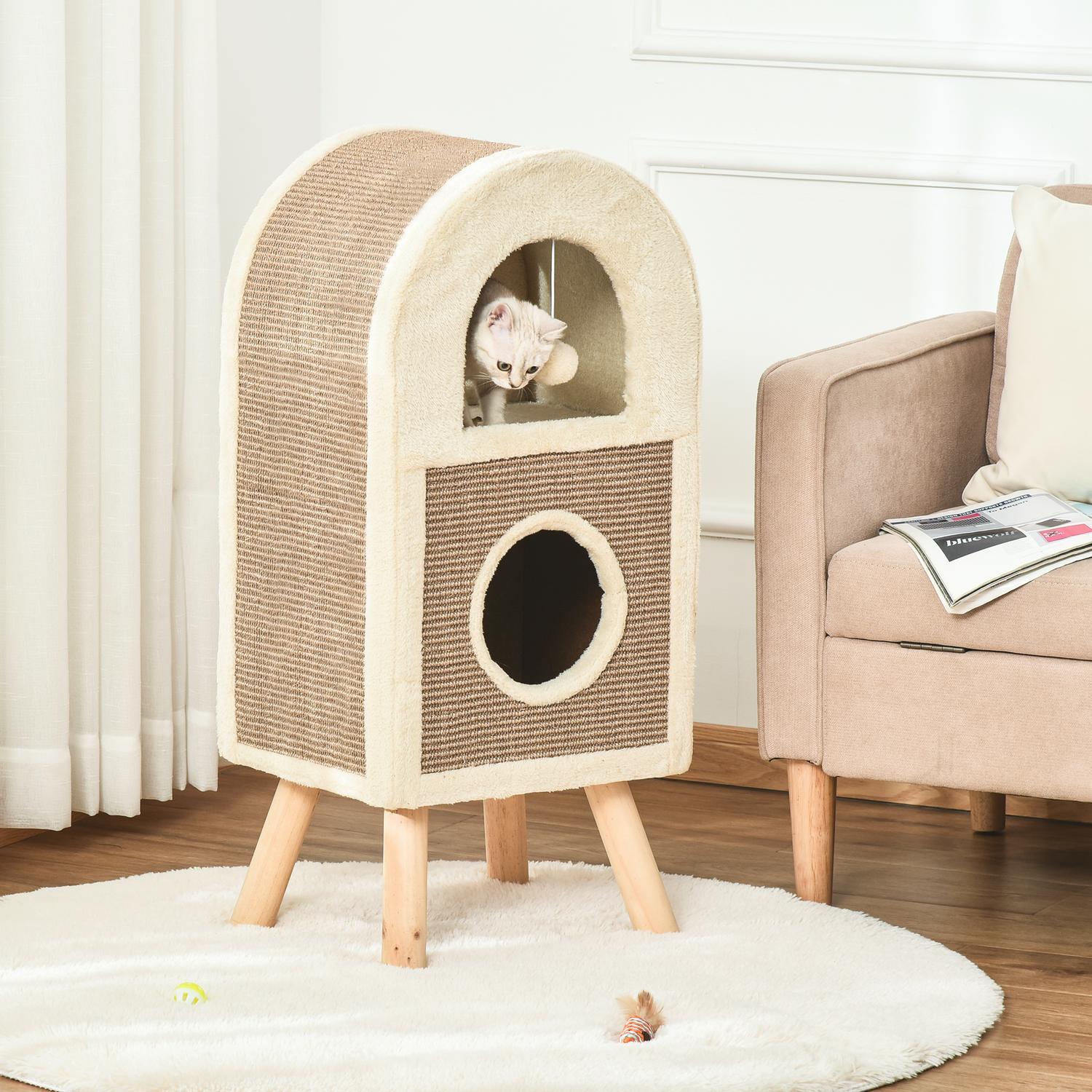 Flervånings Cat Cave Skrapbräda Lekbollar Katt Säng Skrapmatta Spånskiva Plysch Sisal Kaffe