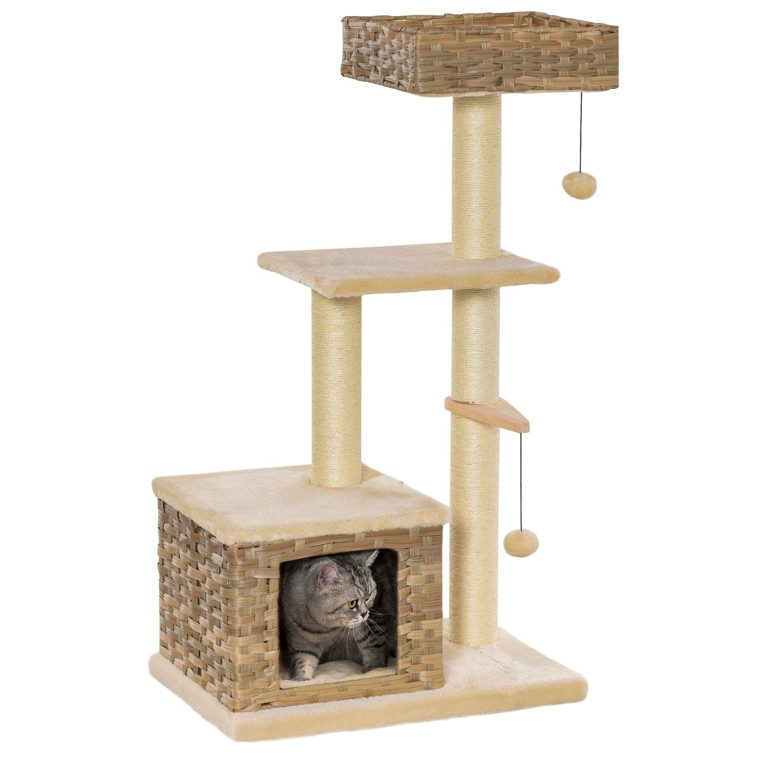 Rattan Cat Tree Skrapstolpe Med Cat Cave, Ball Toy, Sisal & Mjuk Plysch, 108Cm, Brun+Beige