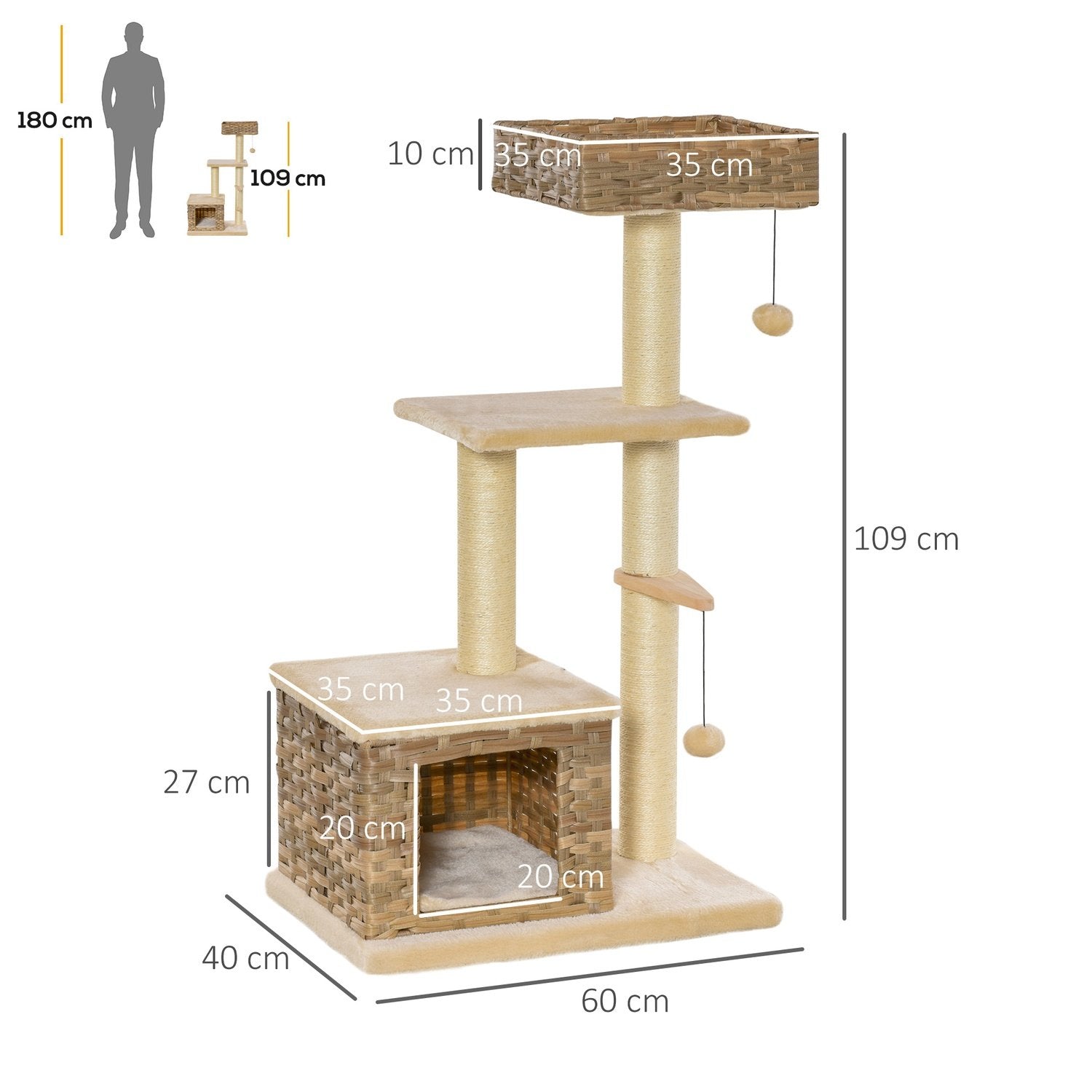 Rattan-kattetræ-kradsestolpe med kattehule, boldlegetøj, sisal og blød plys, 108 cm, brun+beige