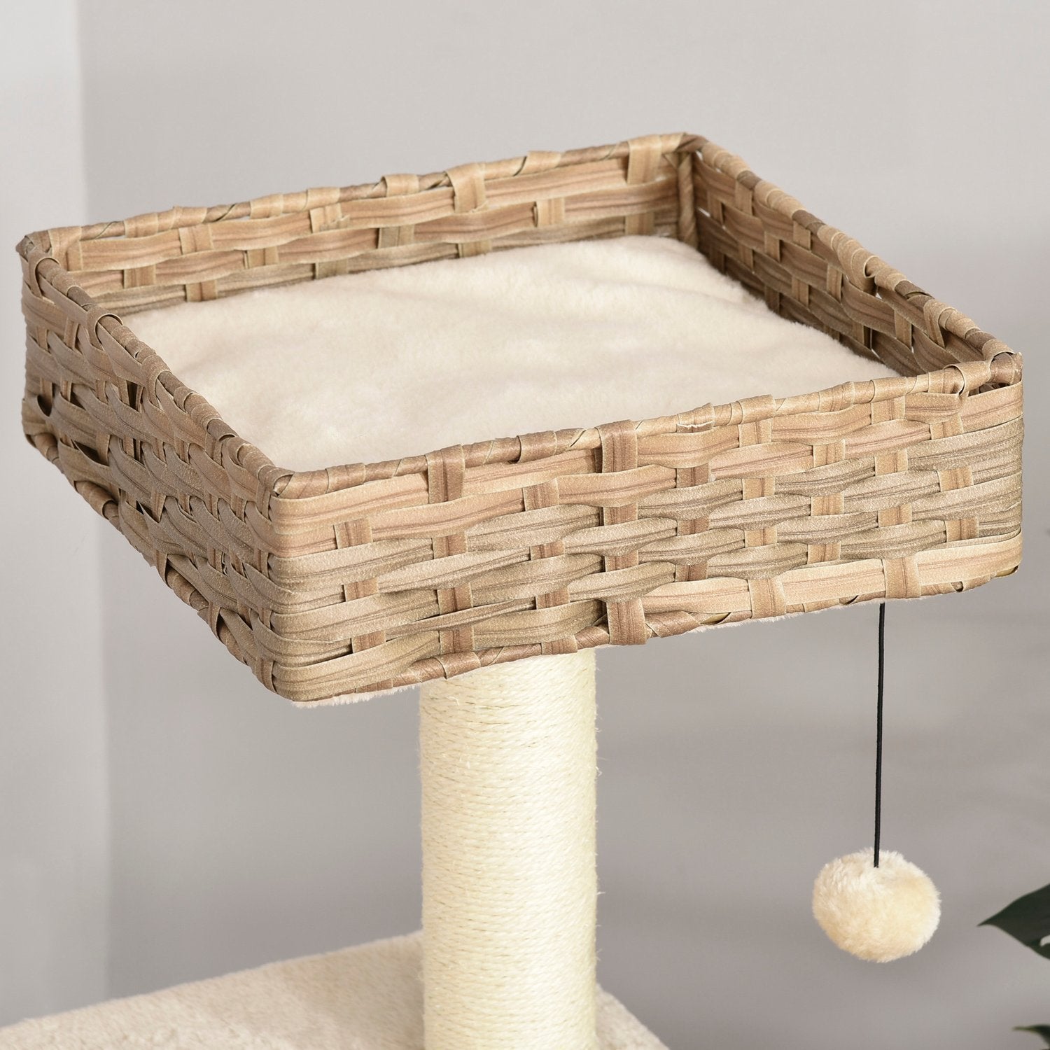 Rattan-kattetræ-kradsestolpe med kattehule, boldlegetøj, sisal og blød plys, 108 cm, brun+beige