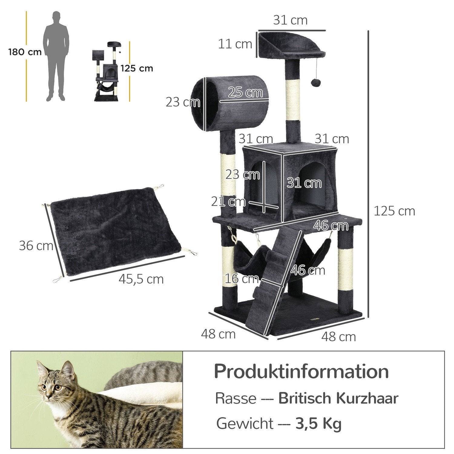 Kradsestolpe 125 cm med kattehus, hængekøje, legetøjskugle, tunnel og stige, mørkegrå
