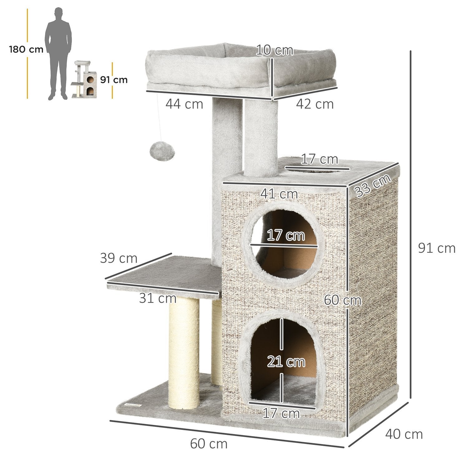 Kradsestolpe klatretræ med 2 kattehuler og sisal søjler, kat kradsestolpe med legeplatform, lys grå, 91 cm