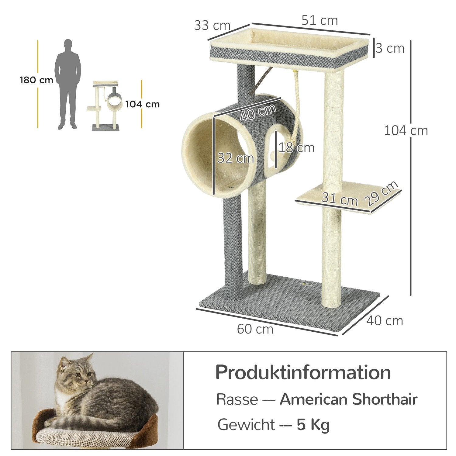 Kradsestolpe 104 cm med legebold &amp; 2 senge kattetræ til katte op til 5 kg, sisal, grå