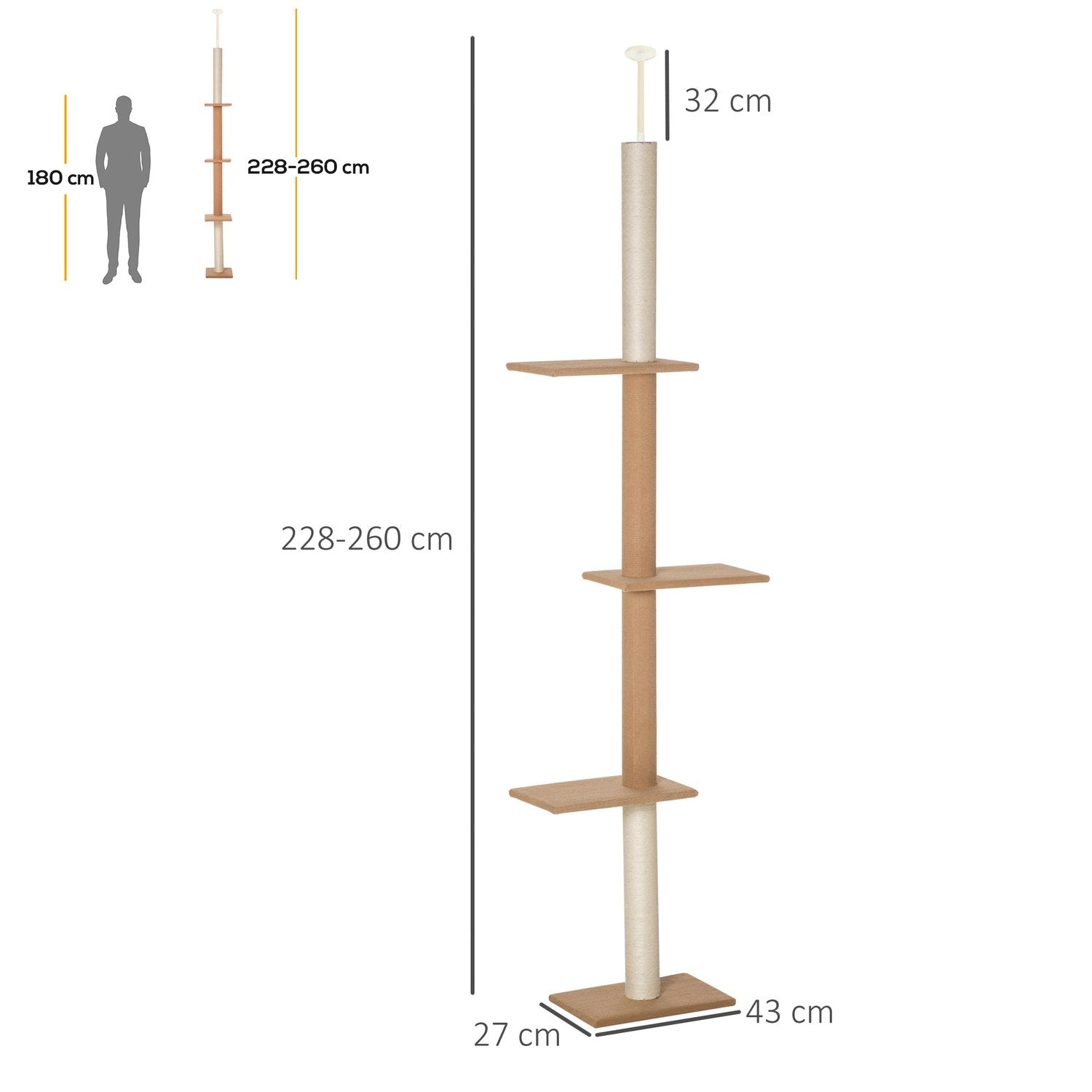 Höjdjusterbar Klätterträd För Katter, Lekträd, Kaki, 43X27X228-260Cm