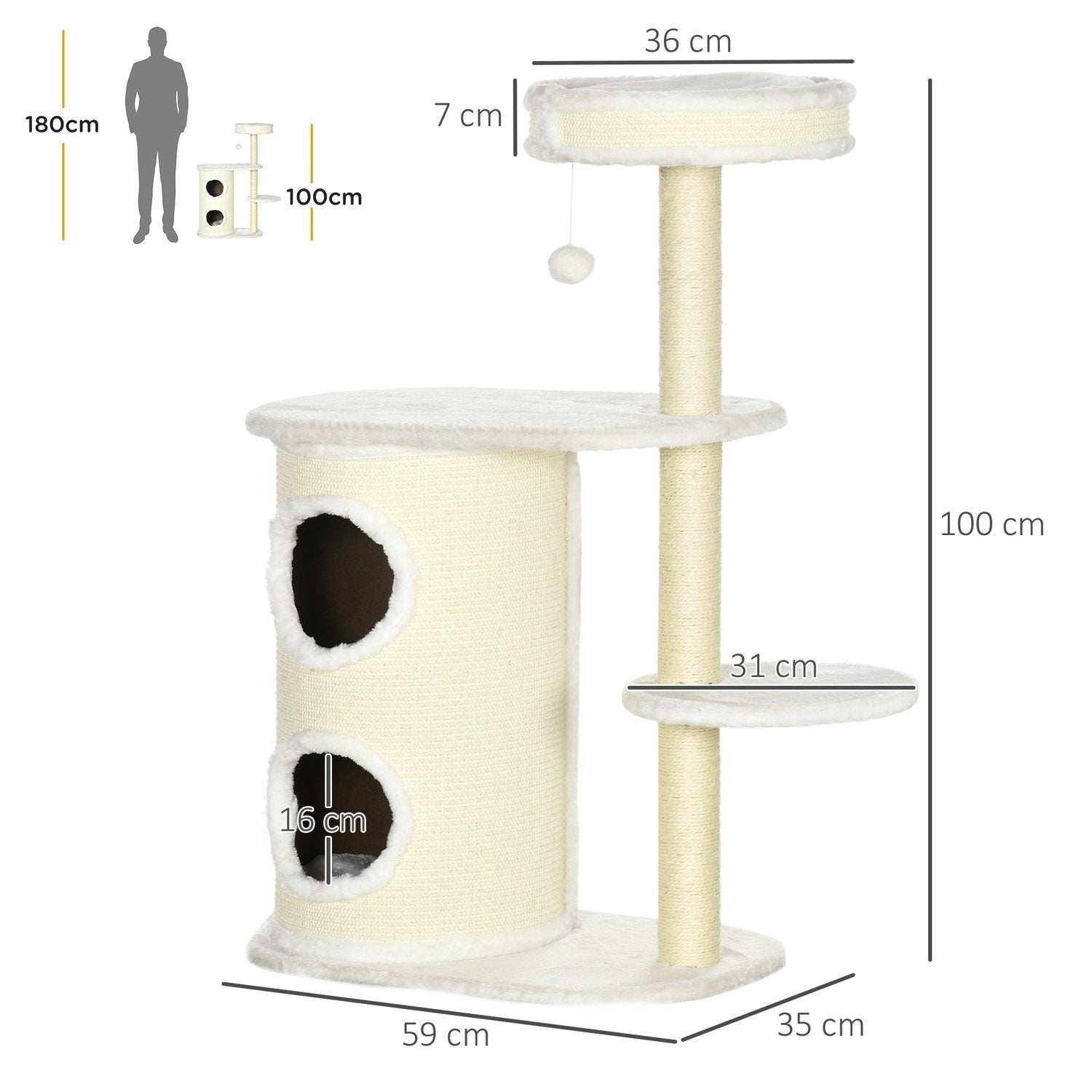 Skrapstolpe 100Cm Med Skrapfat, Sisalpelare & Lekboll, Kudde, Krämvit