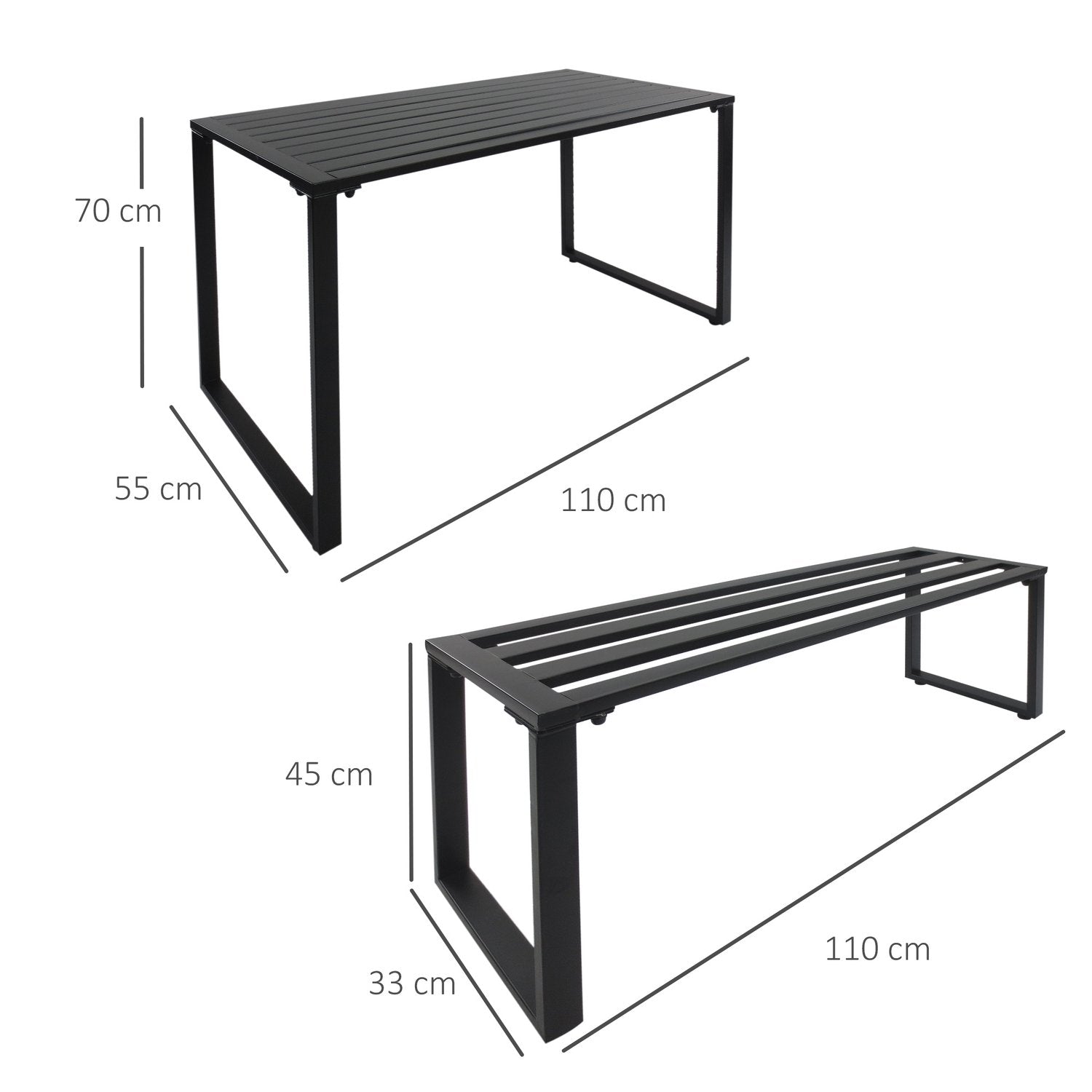 Udendørs møbelsæt Festsæt 3 dele Siddegruppe Havesæt 1 X Bord 2 X Bænk Metal Sort 110 X 55 X 70 Cm