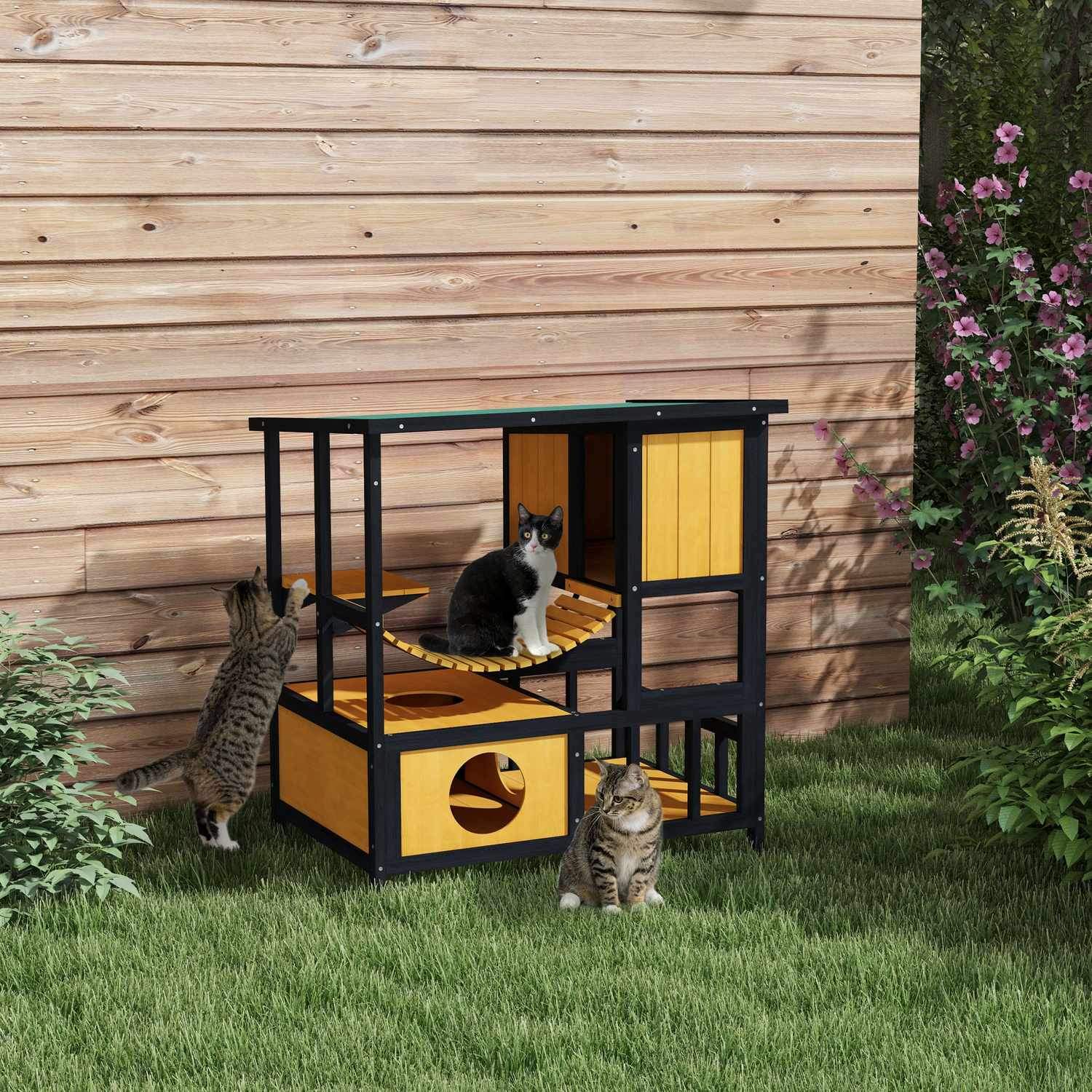 Cat House Träkatt Cave Cat Villa Utomhus Hängbro Balkong Plattform Vattentät För 1-2 Katter Upp Till 5 Kg Gul