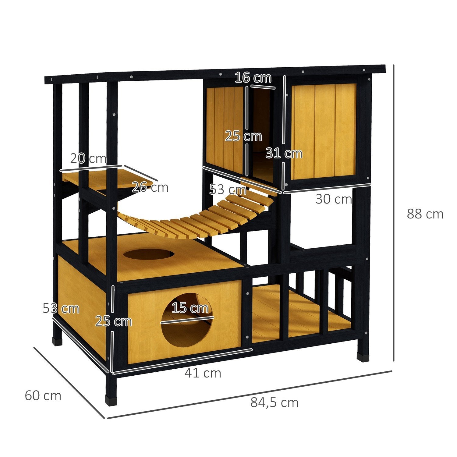 Cat House Träkatt Cave Cat Villa Utomhus Hängbro Balkong Plattform Vattentät För 1-2 Katter Upp Till 5 Kg Gul