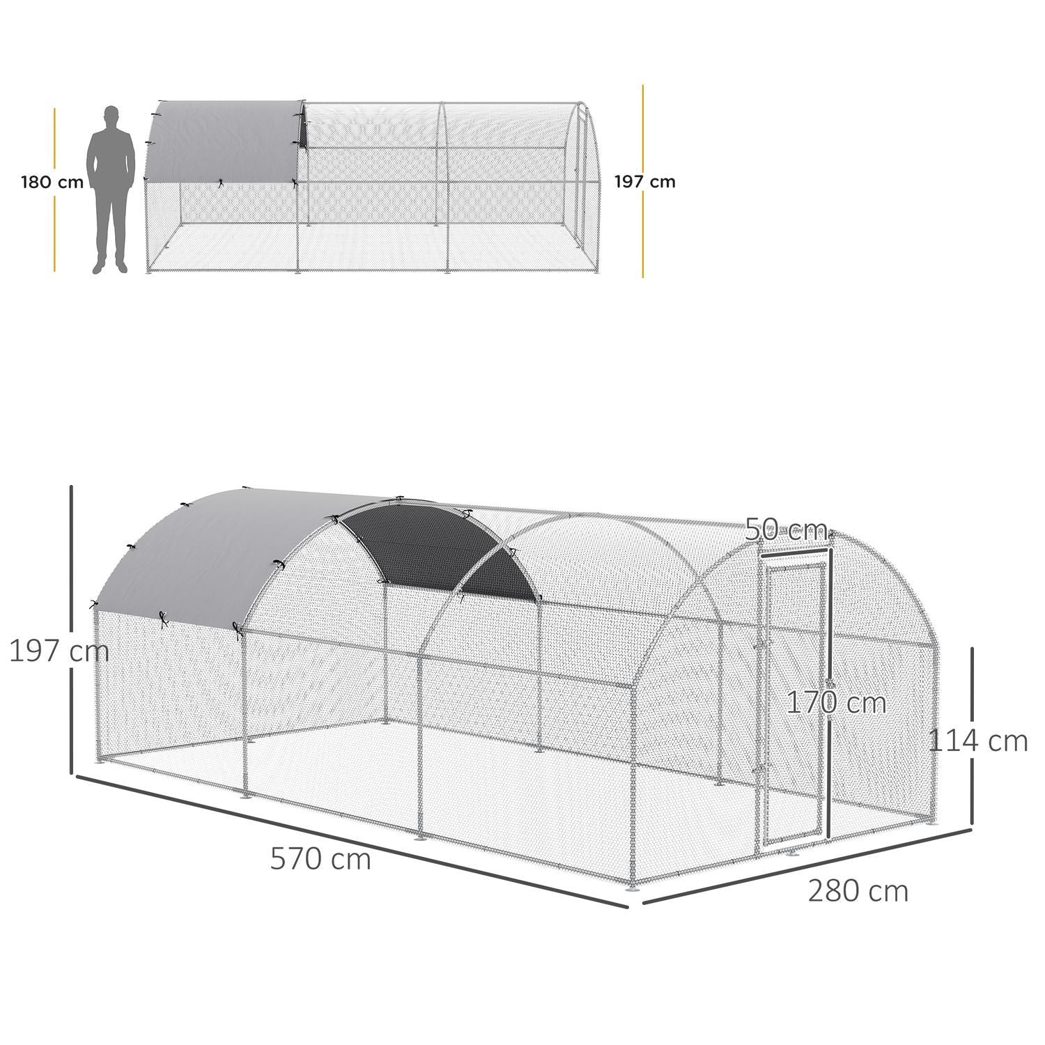 Hönshus Xxl Utomhusfjäderfähus För 12-18 Kycklingar, Med Skärmtak & Lås, Zink/Stål, 280X570X197Cm