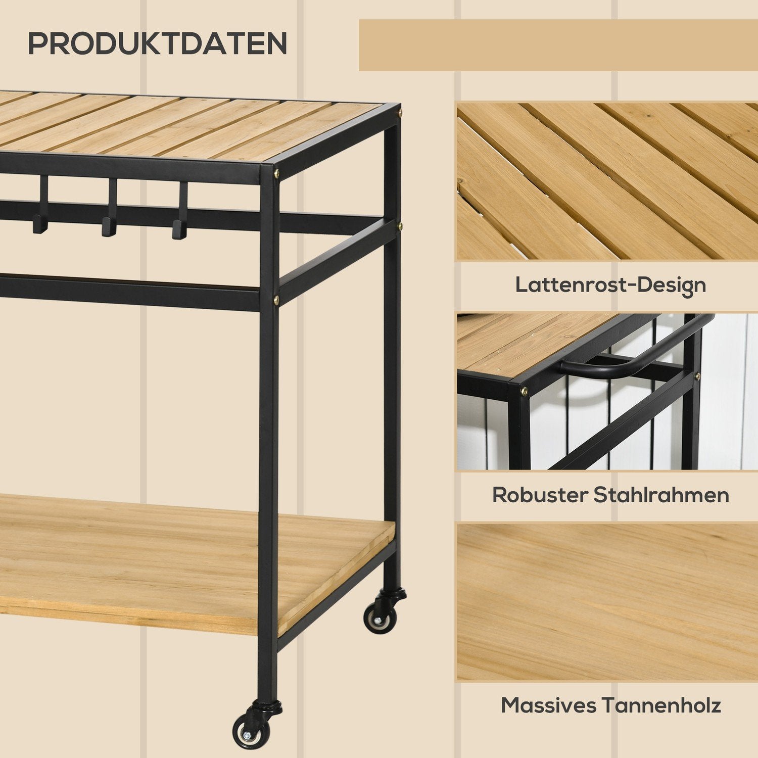 Serveringsvagn, Grillvagn Med 2 Hyllor, Köksvagn Med Krokar, Utomhus Multifunktionsbord Med Hjul, Natur, 107 X 65 X 80Cm