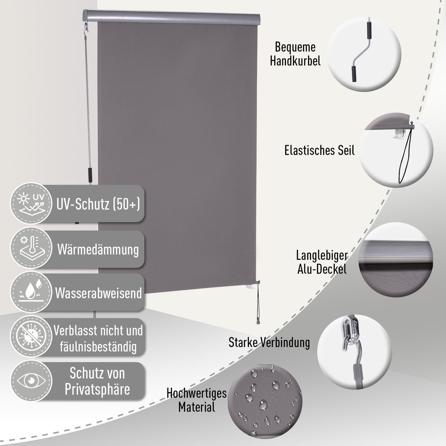 Lodret Markise, Balkon Markise, Lodret Markise, Vindbeskyttelse, Side Rullegardin, Privatskærm med håndsving, Polyesterstof + Aluminium, Grå, 120 X 200 Cm