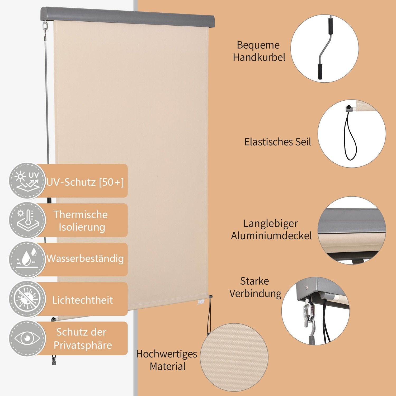 Vertikal Markise Balkon Markise Med Håndsving, Vindbeskyttelse Sidegardin, Polyester + Aluminium, Cremehvid, 120X200Cm