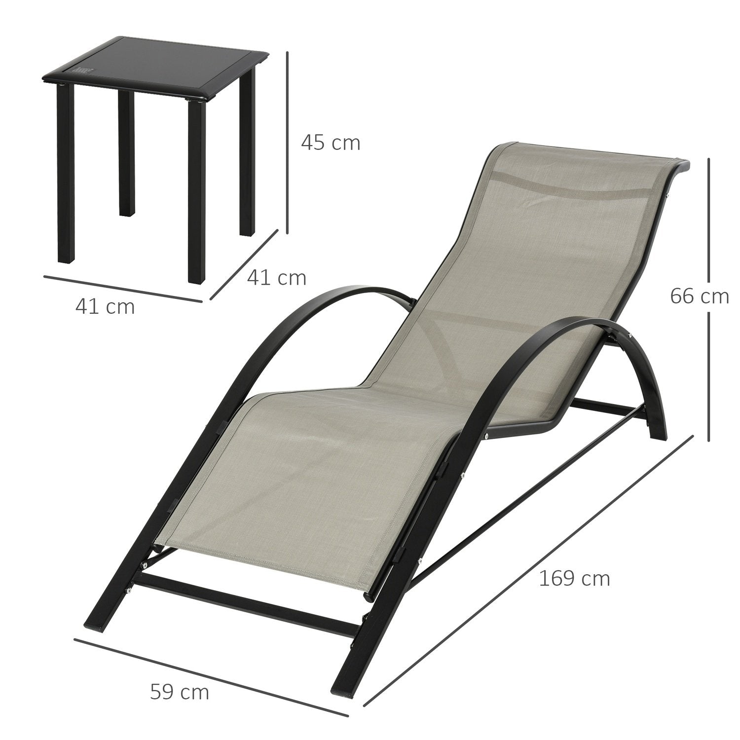 3 stk. Havestol med bord Havesæt med 2 liggestole, 1 sidebord Havegruppe Havebordssæt Metalnet grå + sort